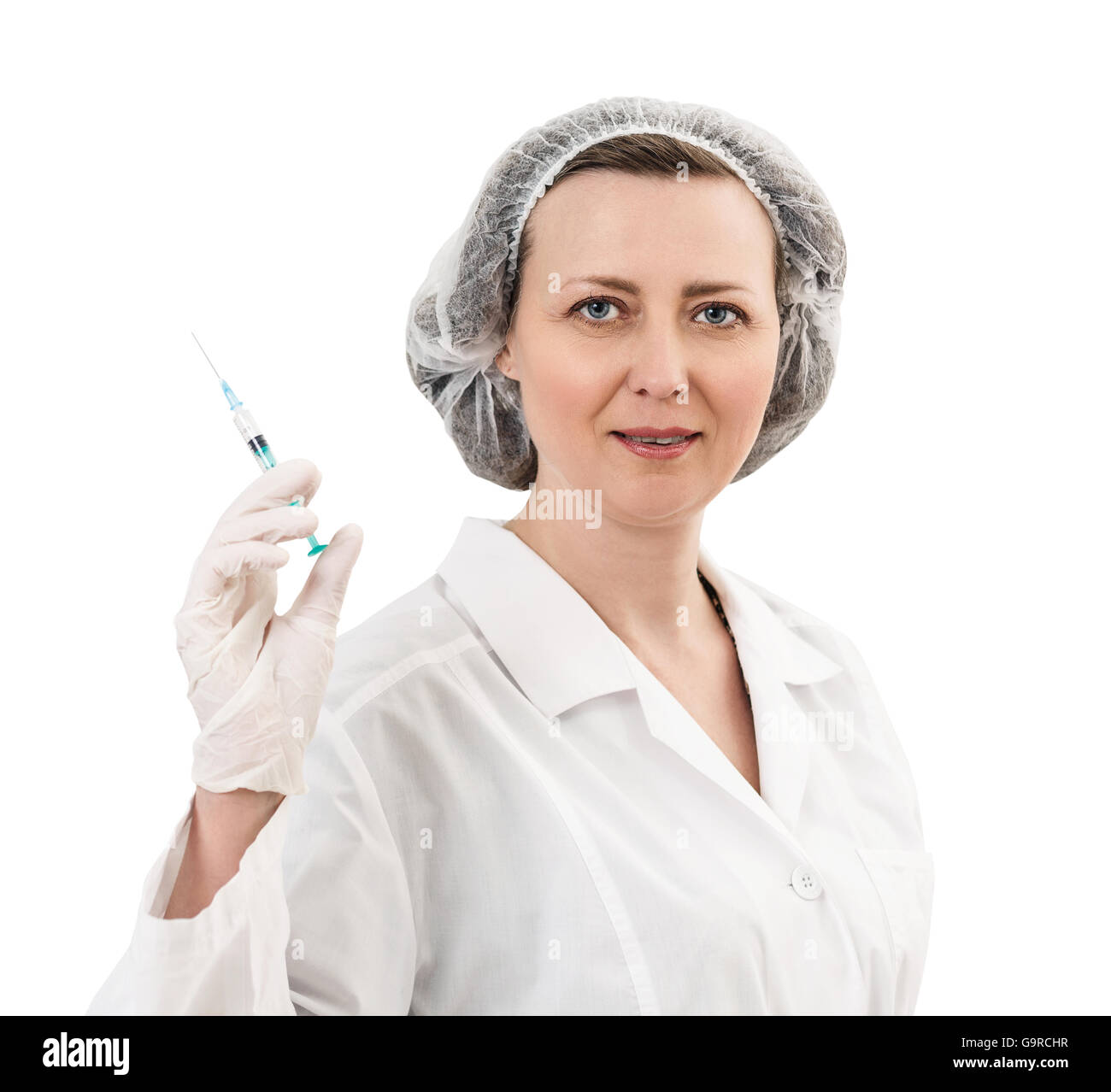 Ritratto di grave medico donna tenendo la siringa Foto Stock