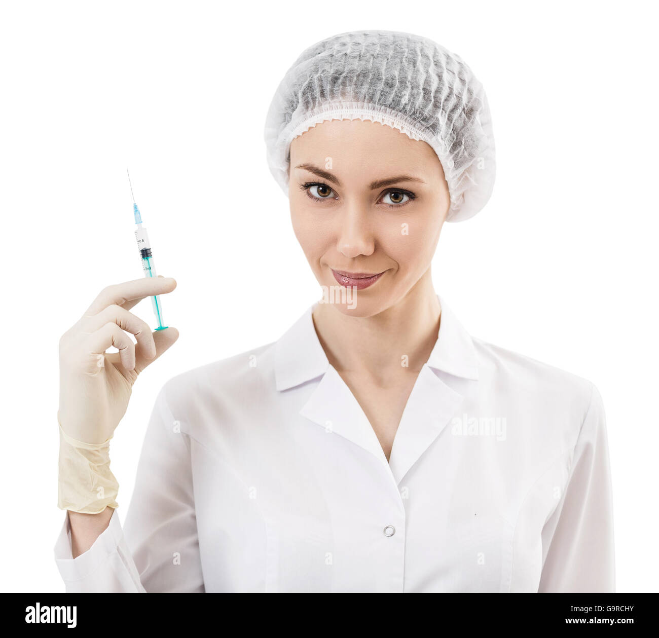 Ritratto di grave medico donna tenendo la siringa Foto Stock