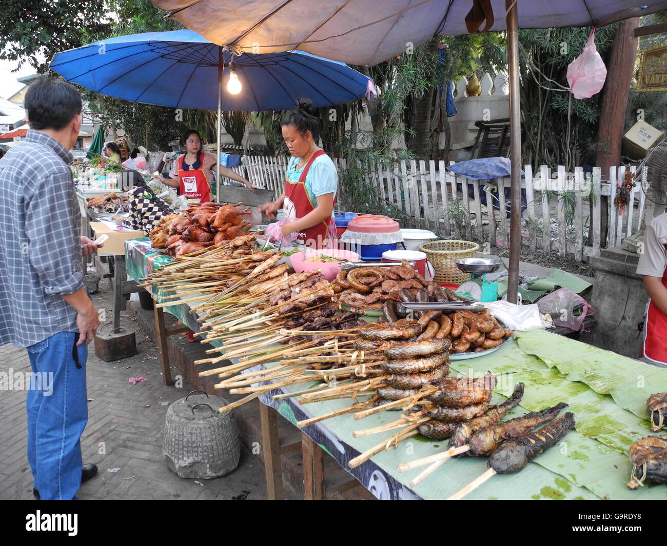 Il mercato locale, cibo sate, carne sate, pesce sate, Luang Prabang,provincia Luang Prabang, Laos, Asia / Luang Prabang Foto Stock