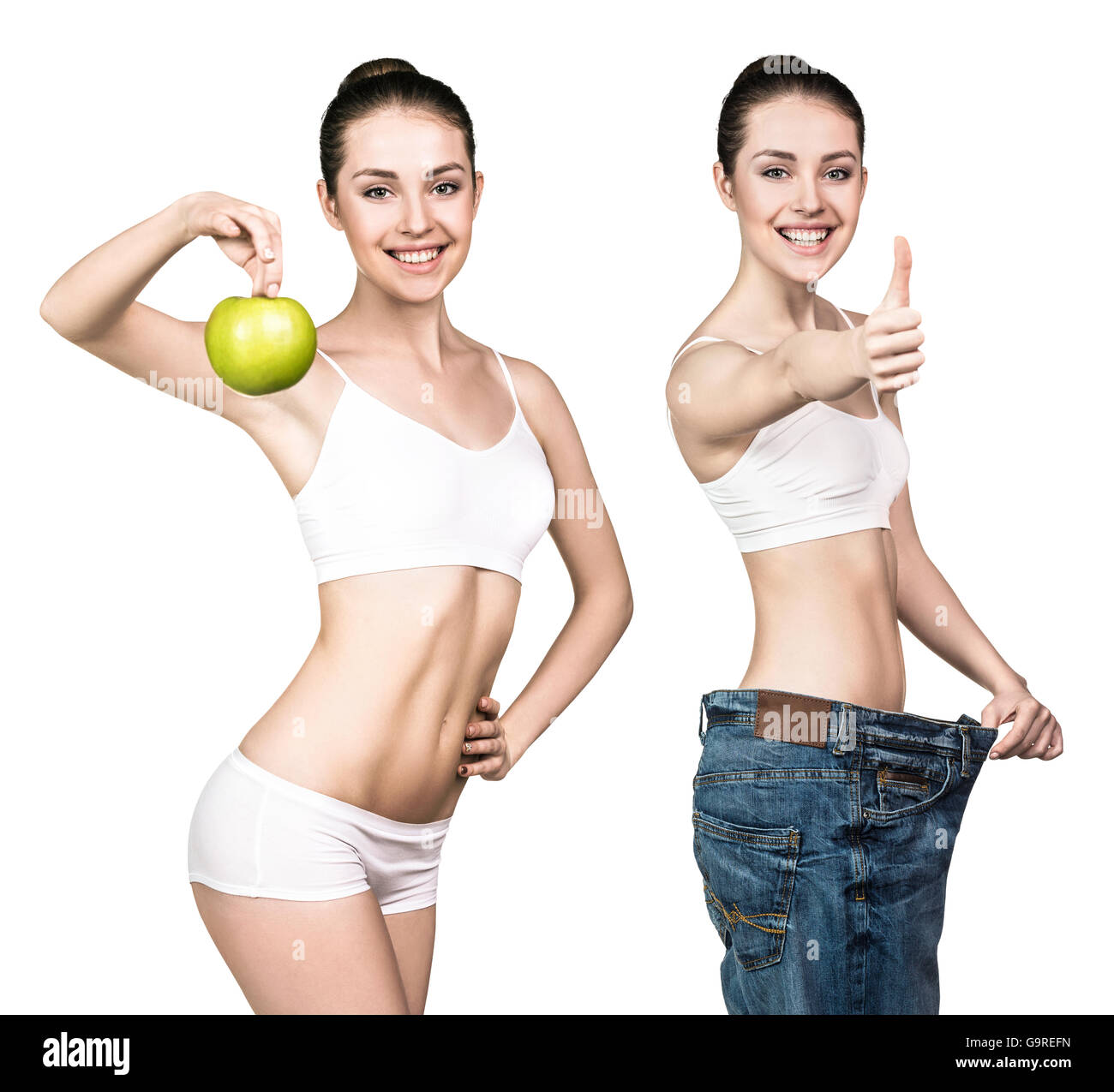 Giovane donna che mostra la perdita di peso risultato Foto Stock