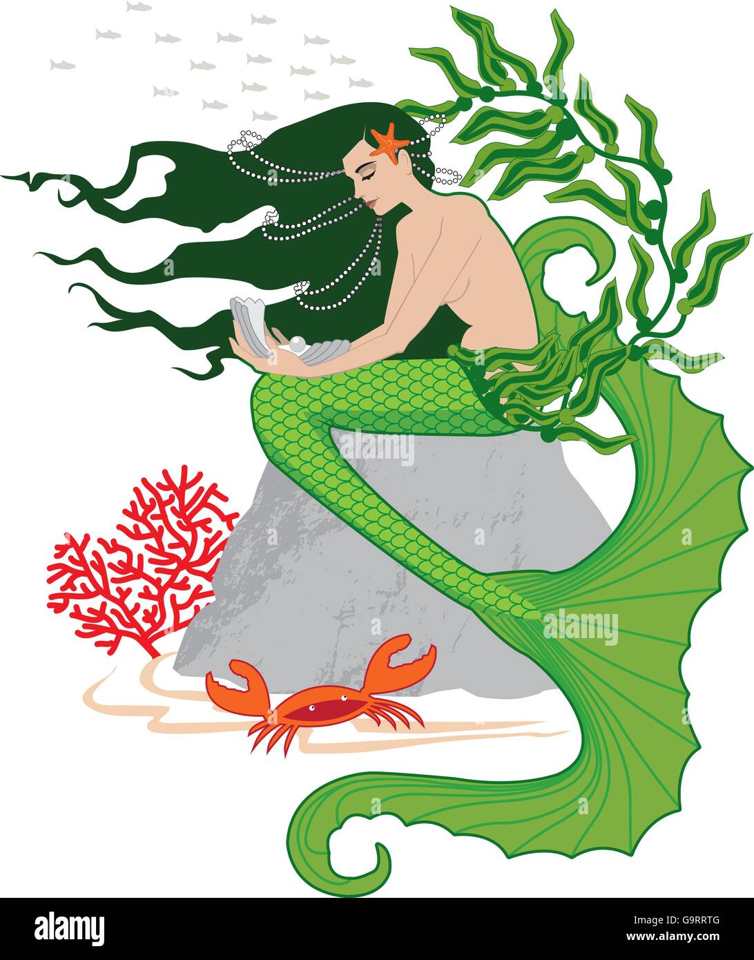 Colorata illustrazione vettoriale di una graziosa sirenetta sotto il mare con alghe marine, perle e un granchio Illustrazione Vettoriale