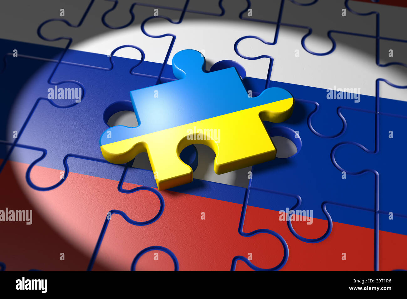 3d illustrazione il conflitto tra Russia e Ucraina simboleggiato con un puzzle Foto Stock