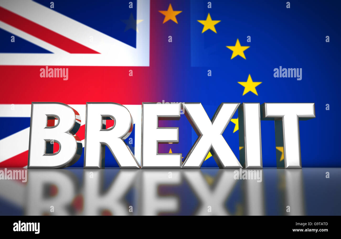 Brexit British referendum concetto britannico con segno e Union Jack e bandiera UE con effetto di transizione su sfondo 3D'illustrazione. Foto Stock