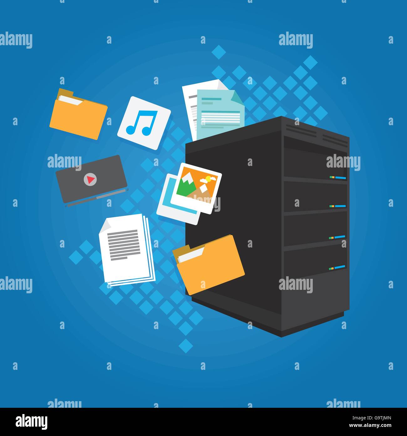 I dati dei file server di immagine di documento video nella cartella di posta elettronica illustrazione vettoriale design piatto Illustrazione Vettoriale