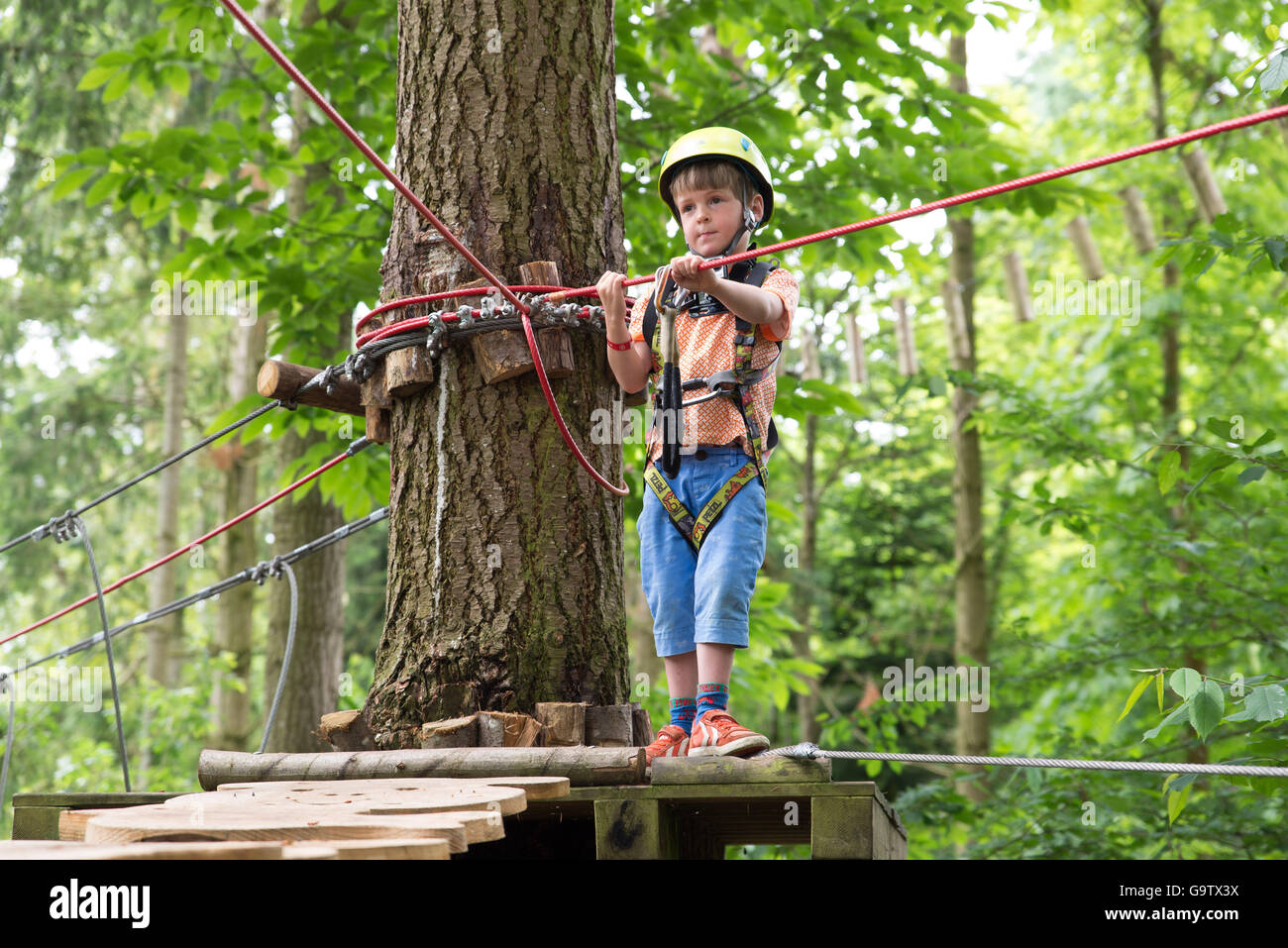 Bambino di prendere parte ad un filo alto corso avventura tra gli alberi nel Domaine des Ormes campeggio in Bretagna, Francia Foto Stock