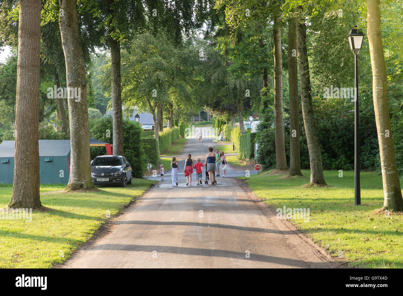 Famiglia camminando lungo la strada alberata nel Domaine des Ormes camp site in Bretagna, Francia Foto Stock