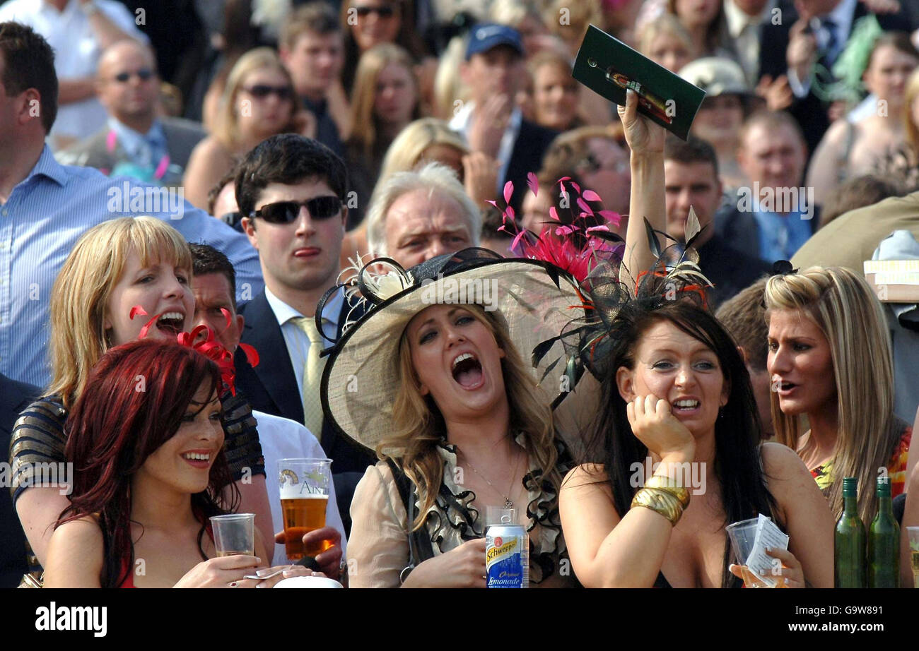 I corridori godono del sole all'ippodromo di Aintree il giorno delle Signore. Foto Stock