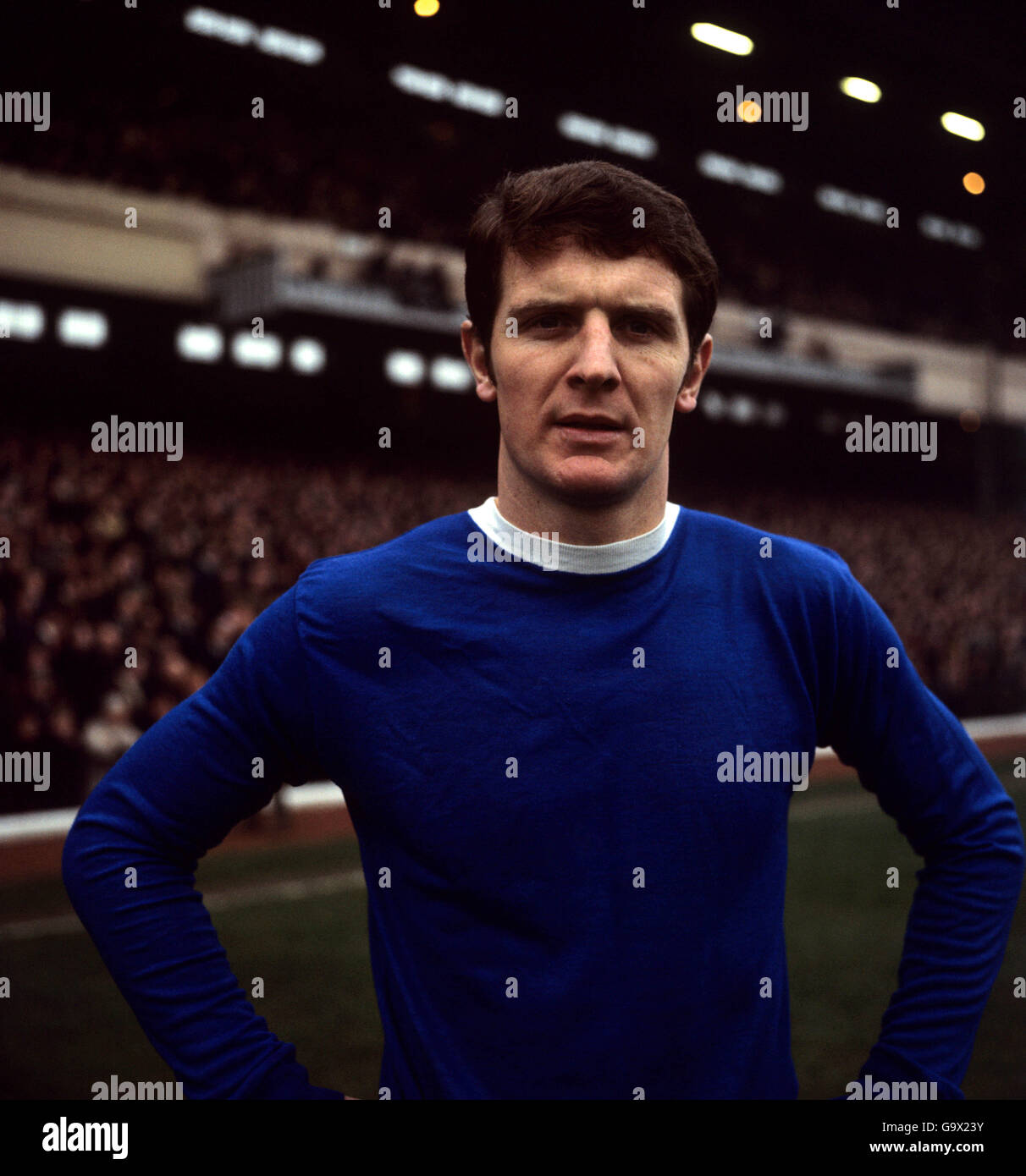 Arsenal contro Everton a Highbury. Brian Labone, capitano di Everton e centro-mezzo. 7/12/1968 Foto Stock