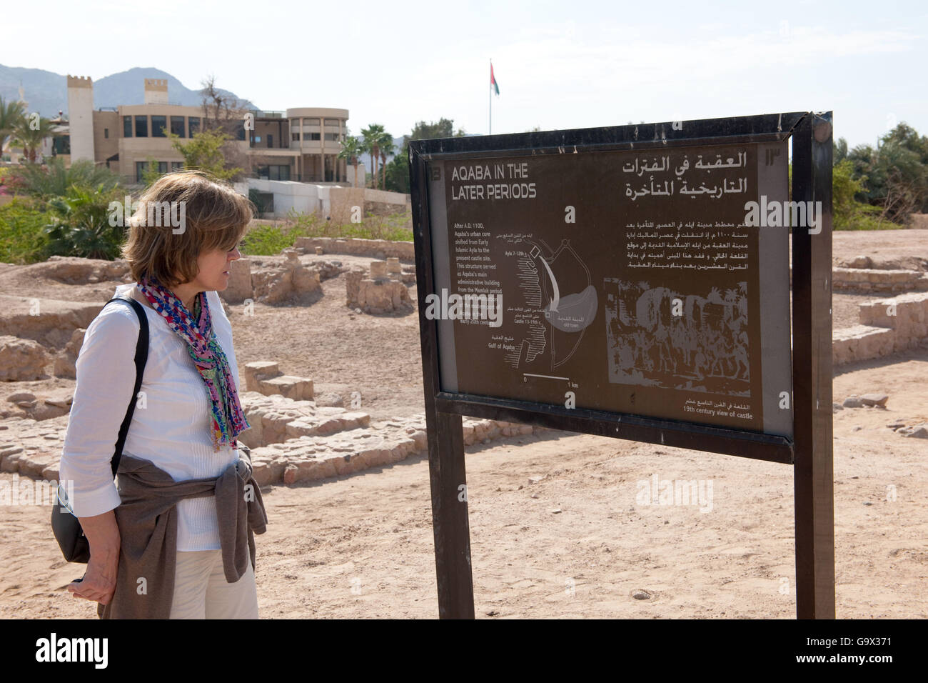 Informazioni turistiche e segno, luogo storico della città islamica di Ayla, Aqaba Giordania / Akaba Foto Stock