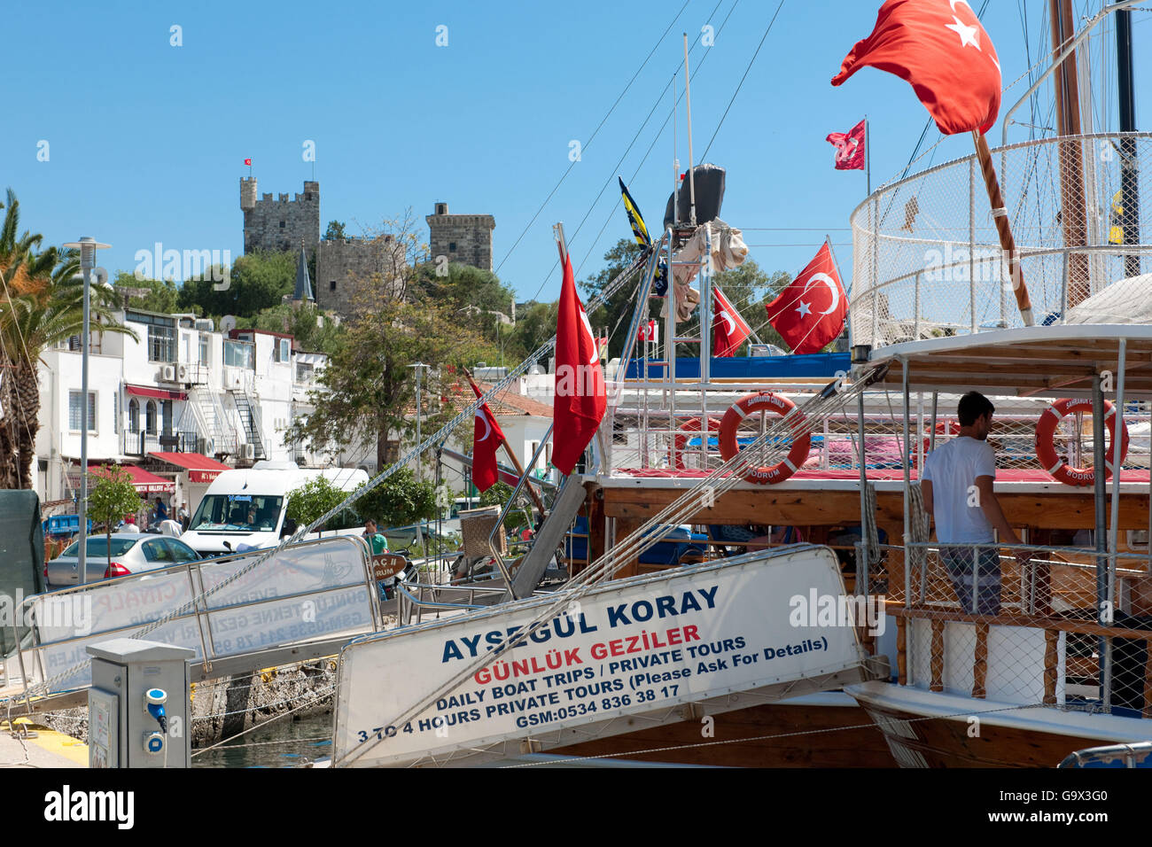 Lungomare del porto con la vista del castello, bagno turco bandiere, imbarcazione turistica Bodrum, Mugla, Turchia, Asia Foto Stock