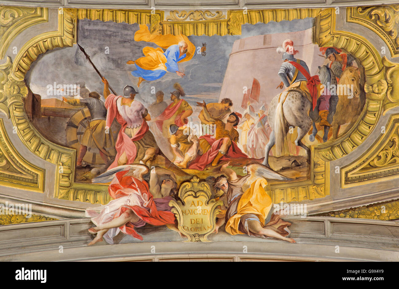 Roma, Italia - 10 Marzo 2016: l'affresco della Conversione di San Ignace (assedio di Pamplona) da Ludovico Mazzanti (1686 - 1775) Foto Stock