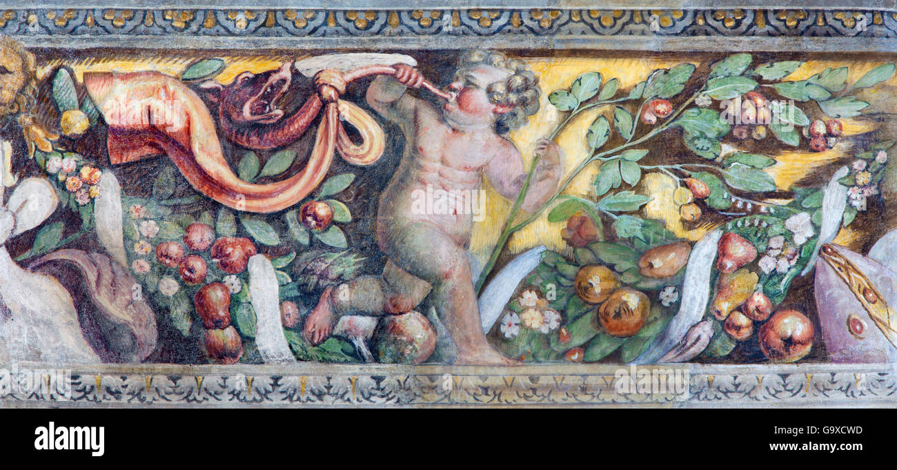 BRESCIA, Italia, 2016: Il simbolico affresco di angelo nel Giardino del Paradiso nella Chiesa del Santissimo Corpo di Cristo Foto Stock