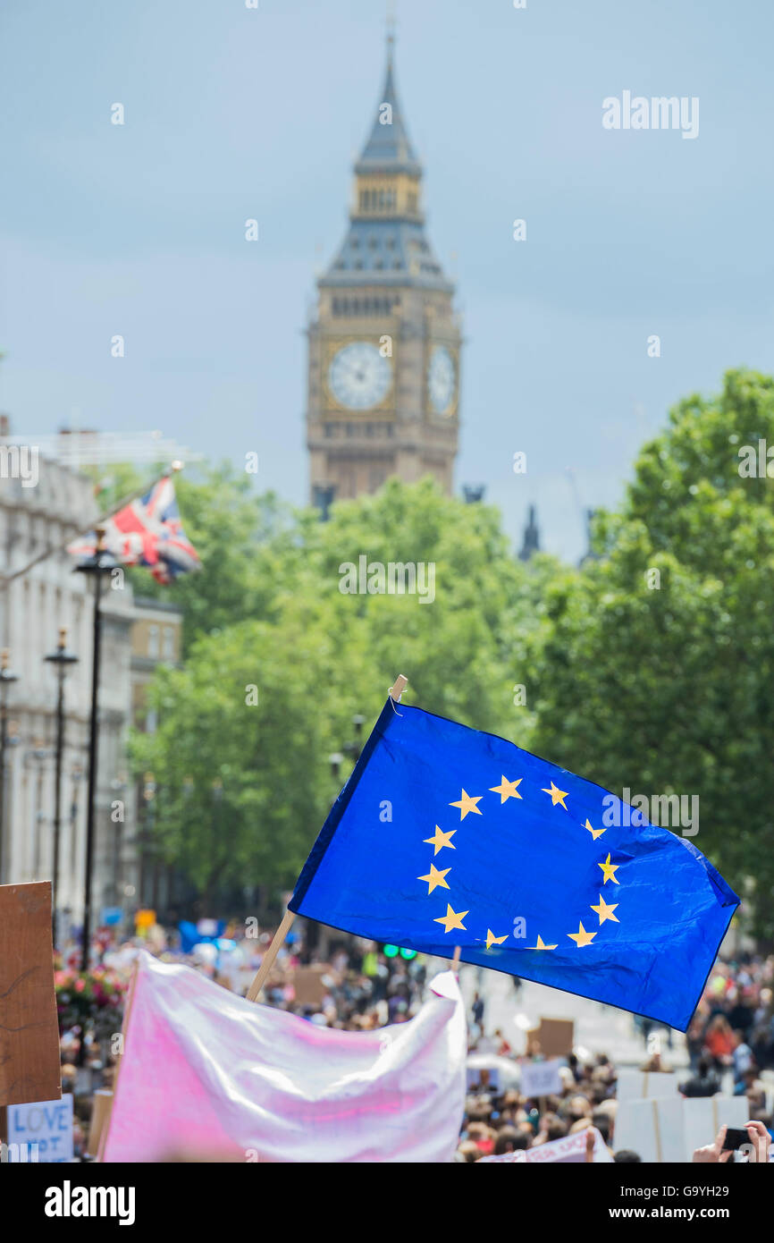 Londra, Regno Unito. 02Luglio, 2016. A marzo per l'Europa fa uscire migliaia di rimanere sostenitori che marzo da Hyde Park a Piazza del Parlamento. Credito: Guy Bell/Alamy Live News Foto Stock