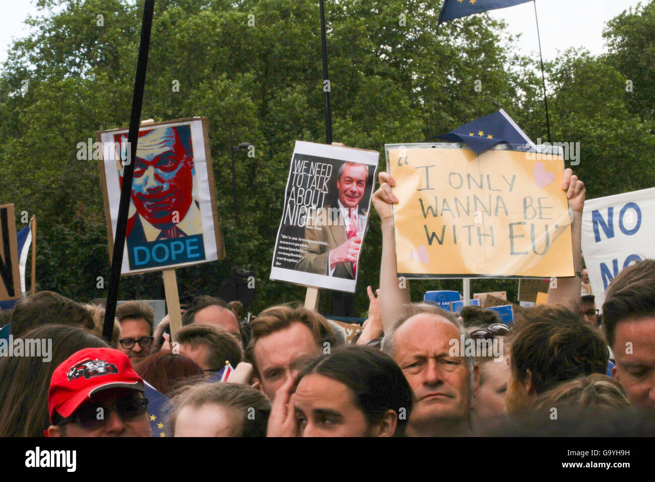 Londra, Regno Unito. 02Luglio, 2016. ​LONDON, Regno Unito - 2 luglio: cartelloni visto tra le migliaia di pro sostenitori dell'UE di prendere parte nel mese di marzo per l'Europa la dimostrazione di una settimana dopo il referendum Brexit votazione. La pro sostenitori dell'UE marzo il 2 luglio 2016, è stata da Hyde Park a Piazza del Parlamento. Foto: David Mbiyu/ Alamy Nuovo Live Foto Stock