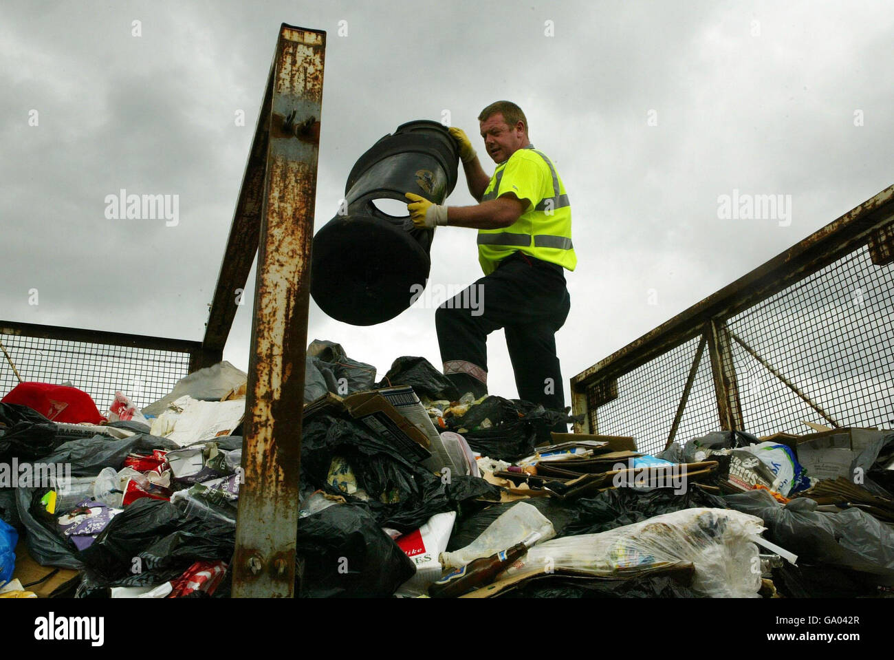 Un dipendente del consiglio getta un oggetto su una gabbia piena di cucciolate sulla cima di Calton Hill a Edimburgo. Foto Stock