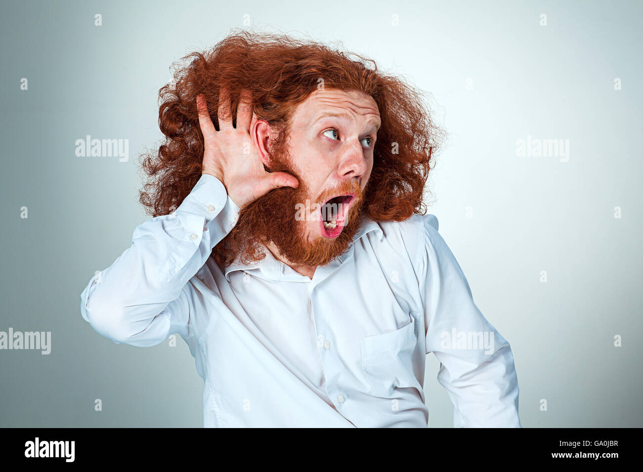 Ritratto di urlando giovane uomo con lunghi capelli rossi e sconvolto l'espressione del viso su sfondo grigio Foto Stock