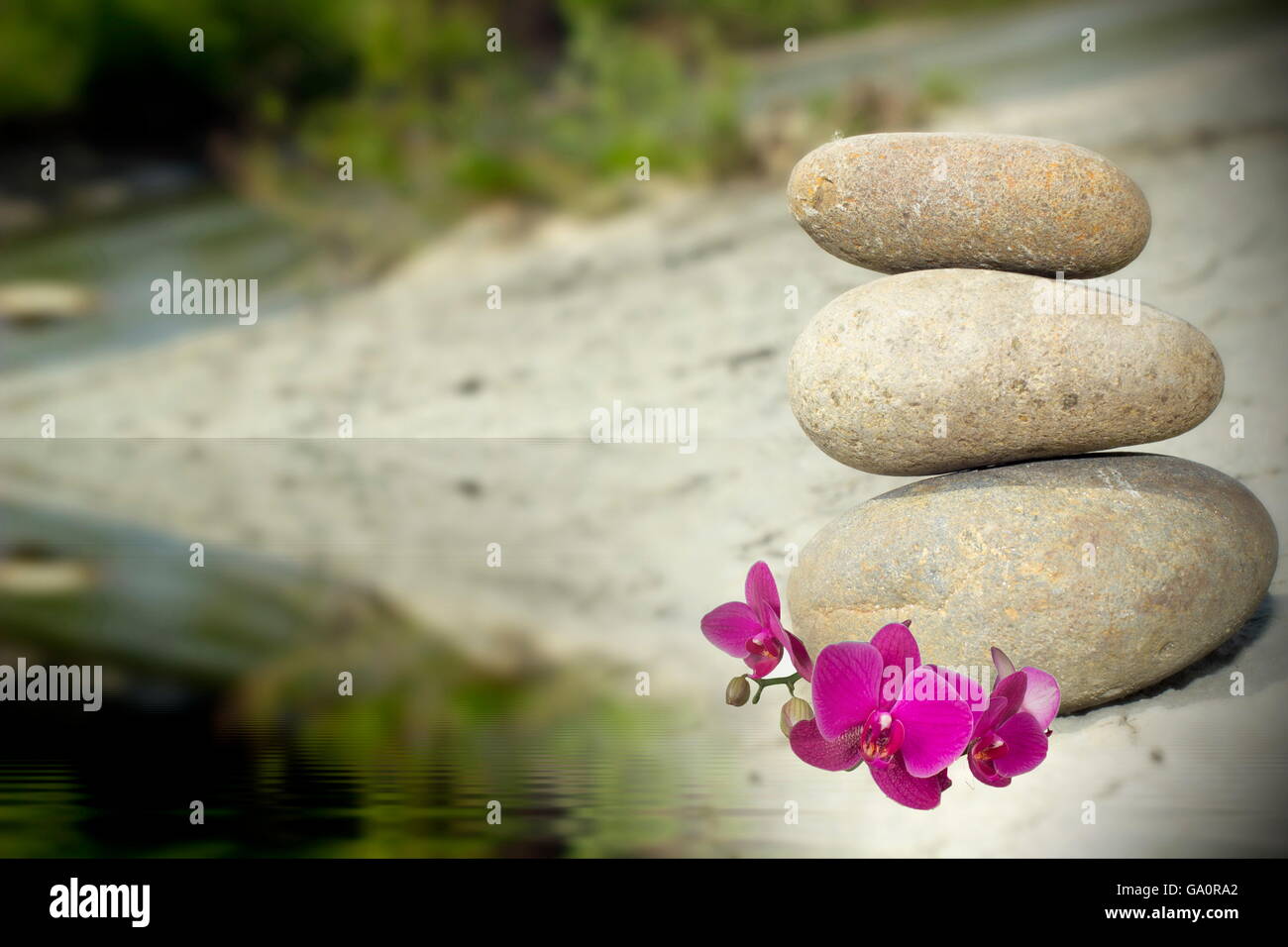 Equilibrio e trattamento spa il concetto di scena, sfondo con pietre Foto Stock