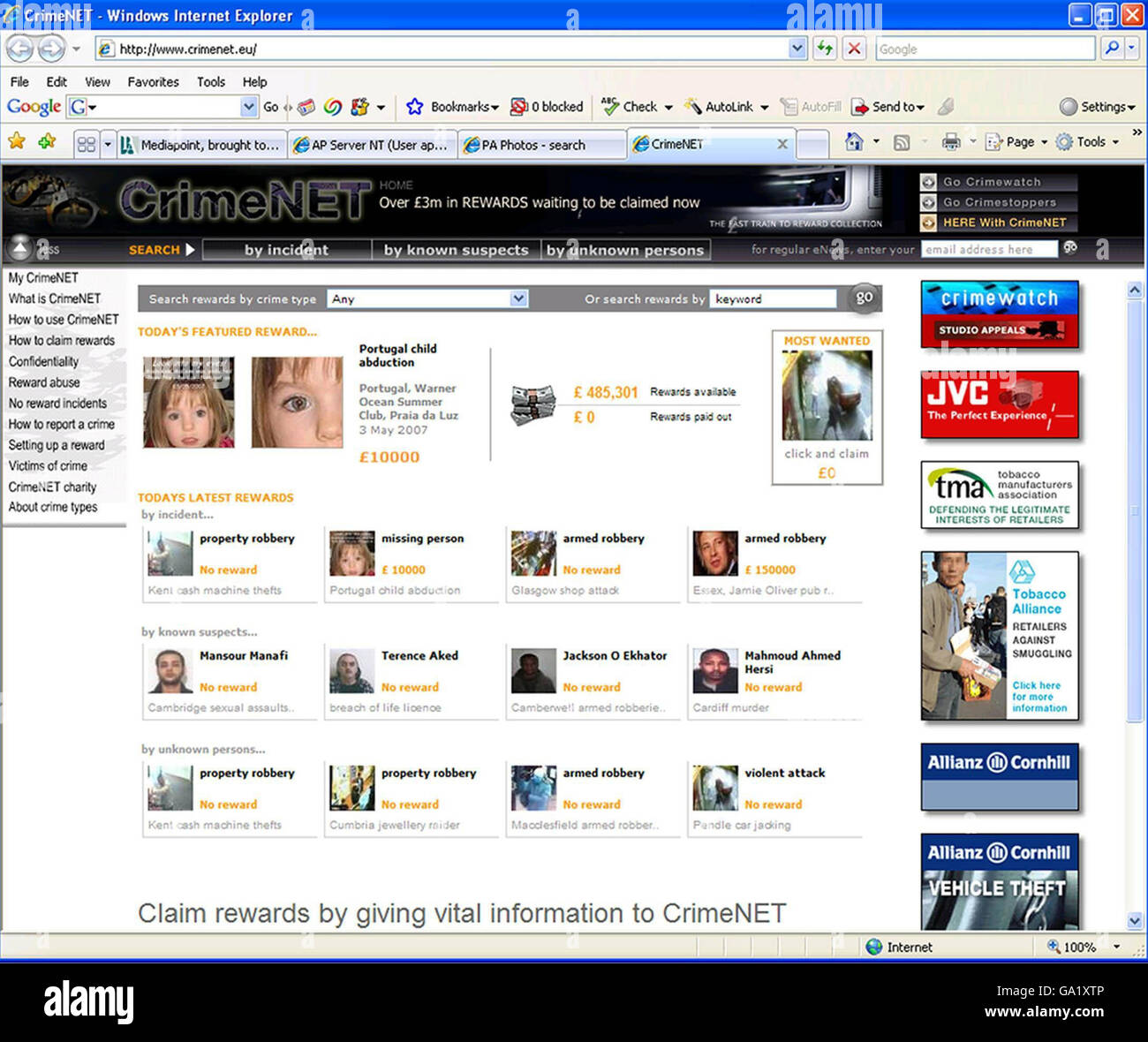 Screengrab non datato dal sito CrimeNET che consente alle vittime di pubblicare i propri premi per informazioni sui crimini commessi contro di loro, che è stato lanciato oggi. Foto Stock
