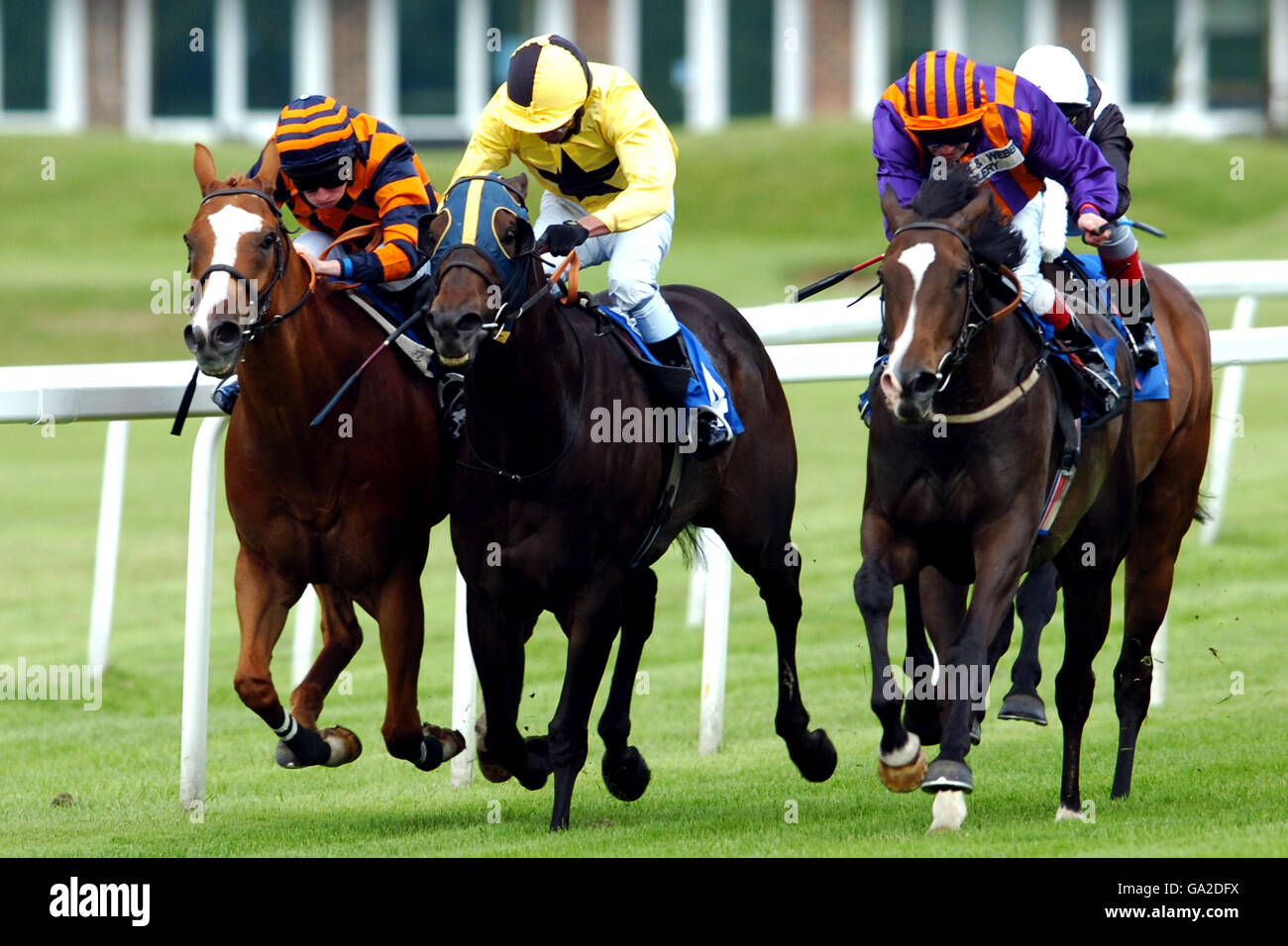 Golden Dixie guidato da Ryan Moore (l), Cape Royal guidato da Kevin Ghunowa (c) e Cashel Mead guidato da Francis Norton andare testa a testa nelle picche inglesi Land handicap Foto Stock