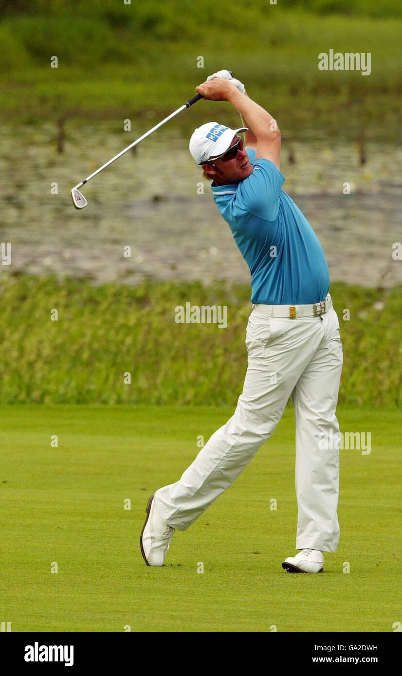 Finlands Mikko Ilonen sulla 18 buche durante il Barclays Scottish Open a Loch Lomond, Glasgow. Foto Stock