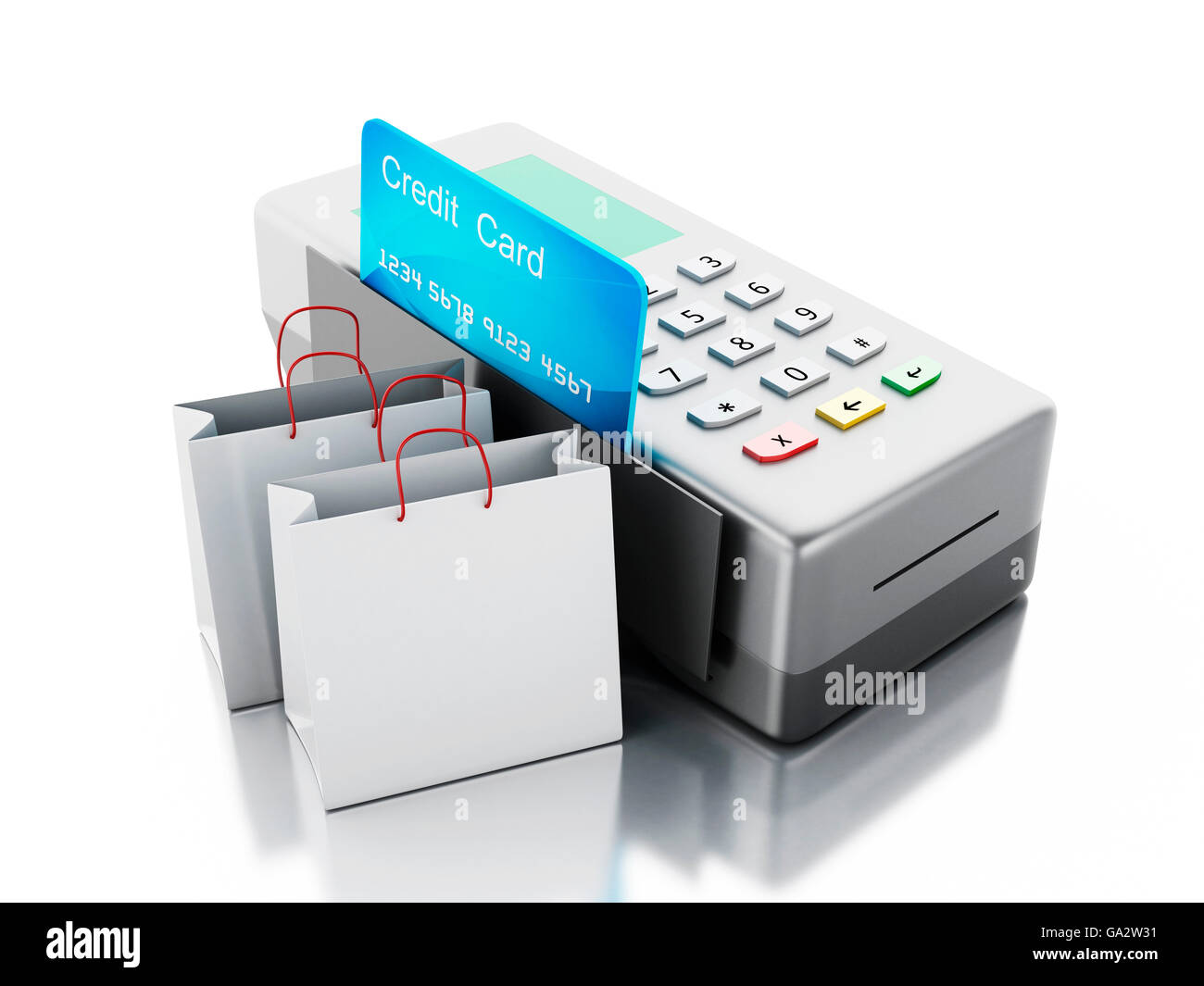 3D renderer immagine. La carta di credito e del lettore scheda con le borse della spesa. Isolato sullo sfondo bianco. Foto Stock