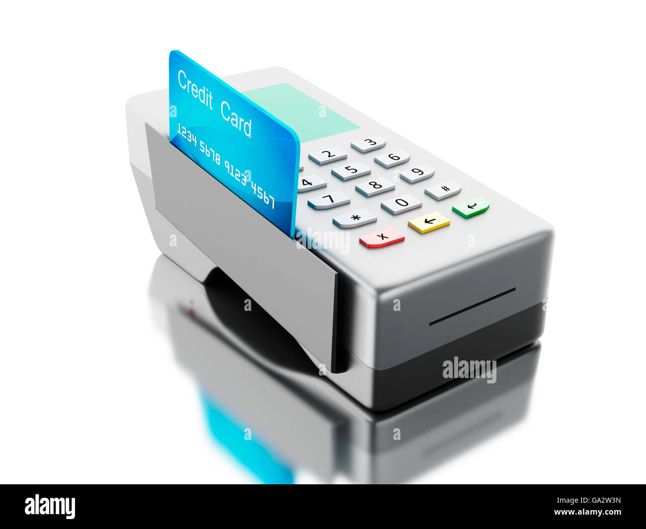 3D renderer immagine. La carta di credito e lettore di schede di memoria. Isolato sullo sfondo bianco. Foto Stock