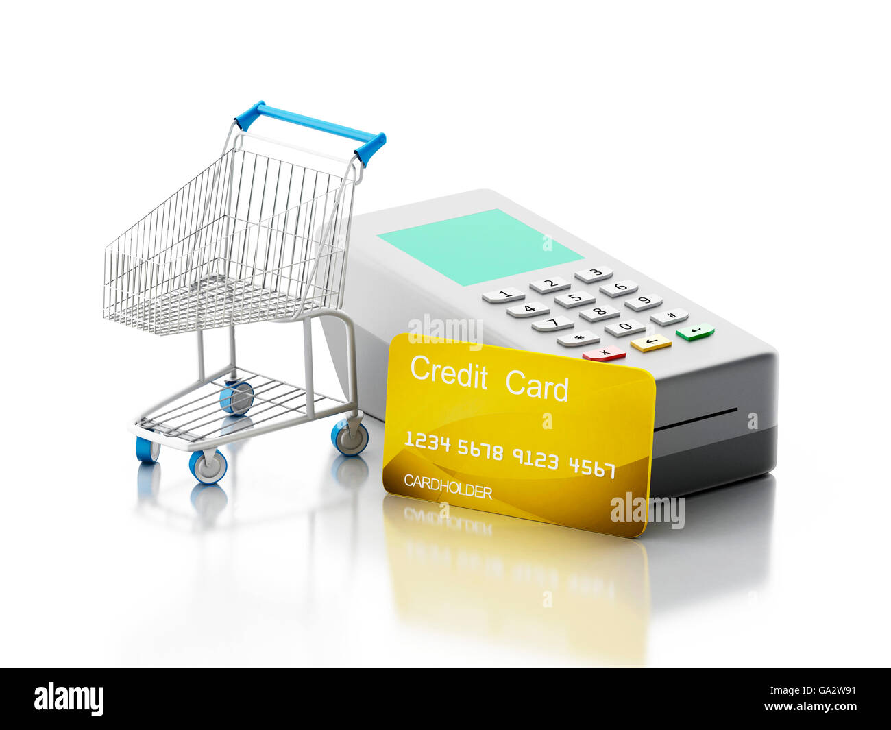 3D renderer immagine. Carta di credito e del lettore scheda con carrello. Il concetto di shopping. Isolato sullo sfondo bianco. Foto Stock