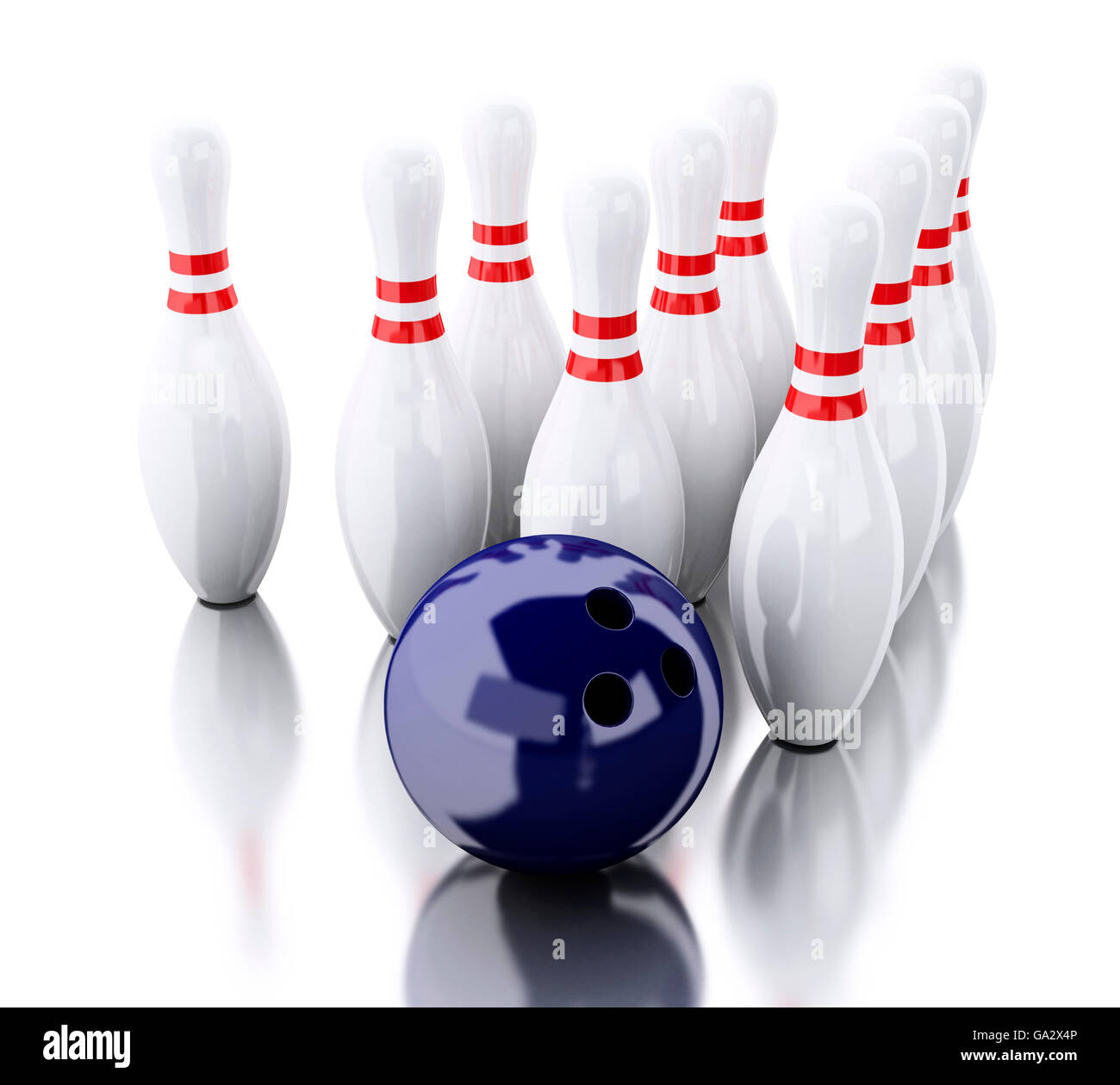 3D renderer immagine. Bowling perni e sfera blu. Isolato sullo sfondo bianco. Il concetto di sport Foto Stock