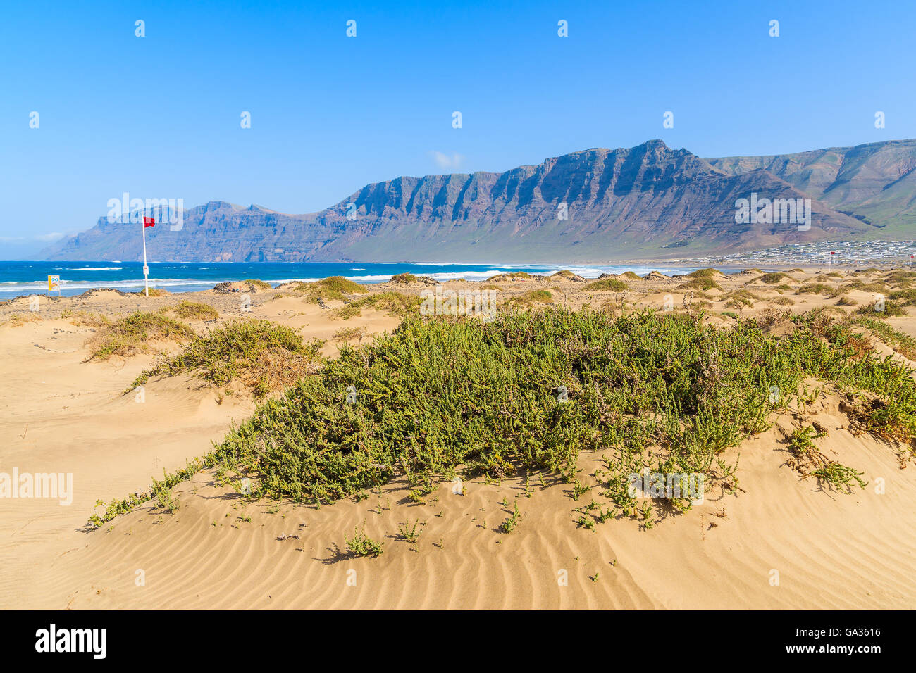 Dune di sabbia sulla spiaggia di Famara con alte scogliere di montagna, Lanzarote, Isole Canarie, Spagna Foto Stock