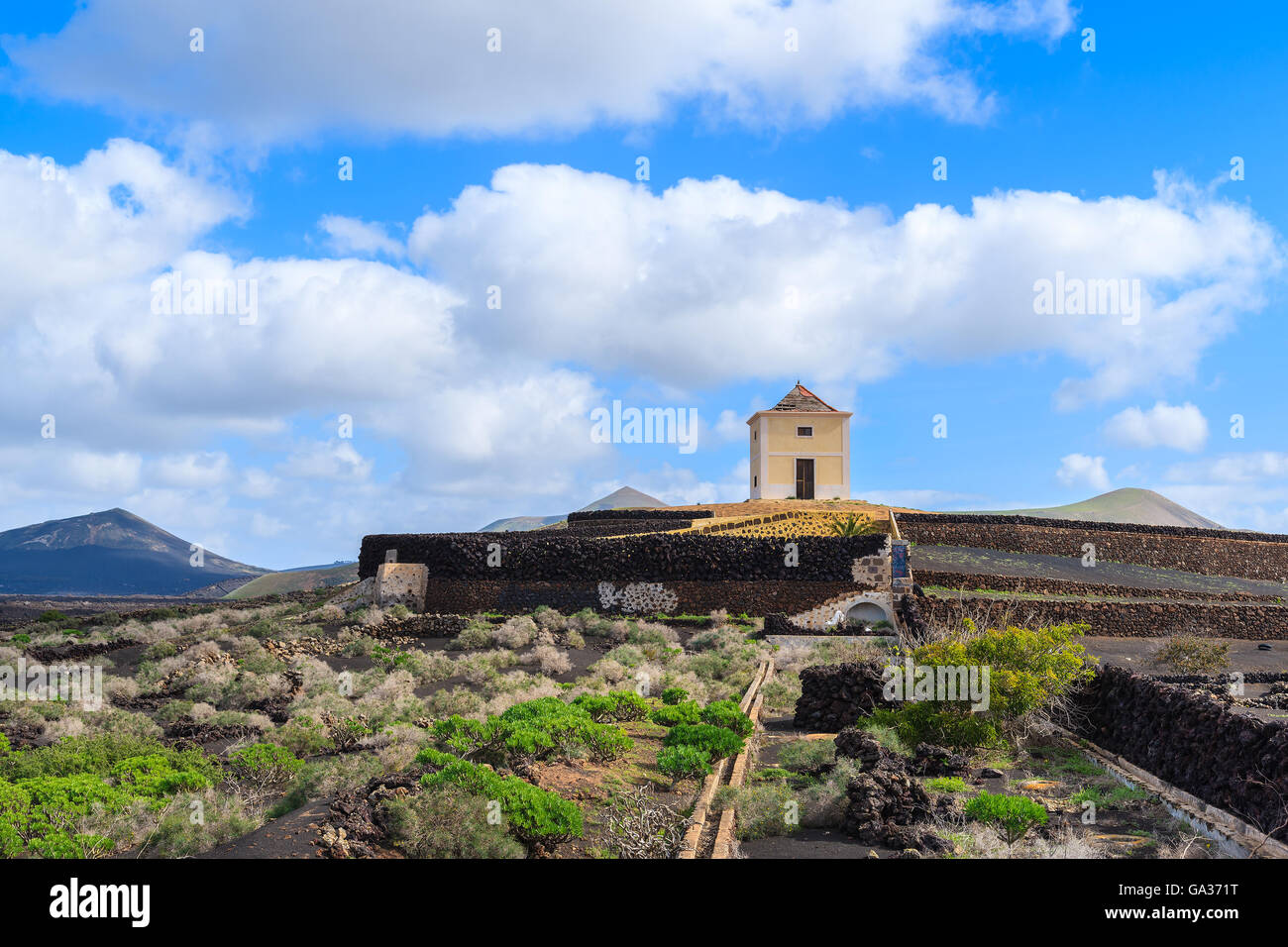 Edificio nel paesaggio di vigneti della regione a Yaiza, Lanzarote, Isole Canarie, Spagna Foto Stock