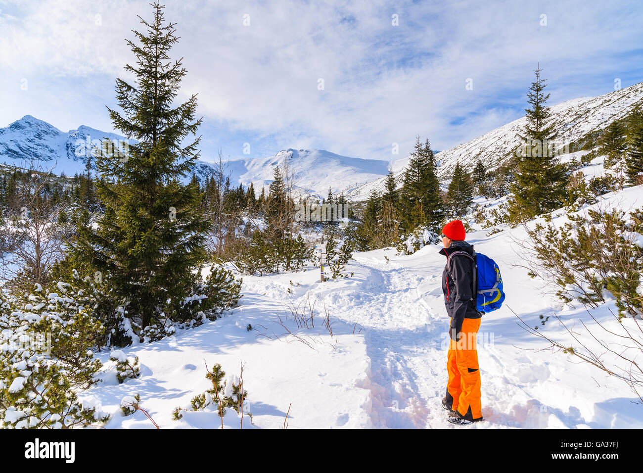 Giovane donna turistico backpacker sul sentiero escursionistico in inverno il paesaggio della valle Gasienicowa, Monti Tatra, Polonia Foto Stock