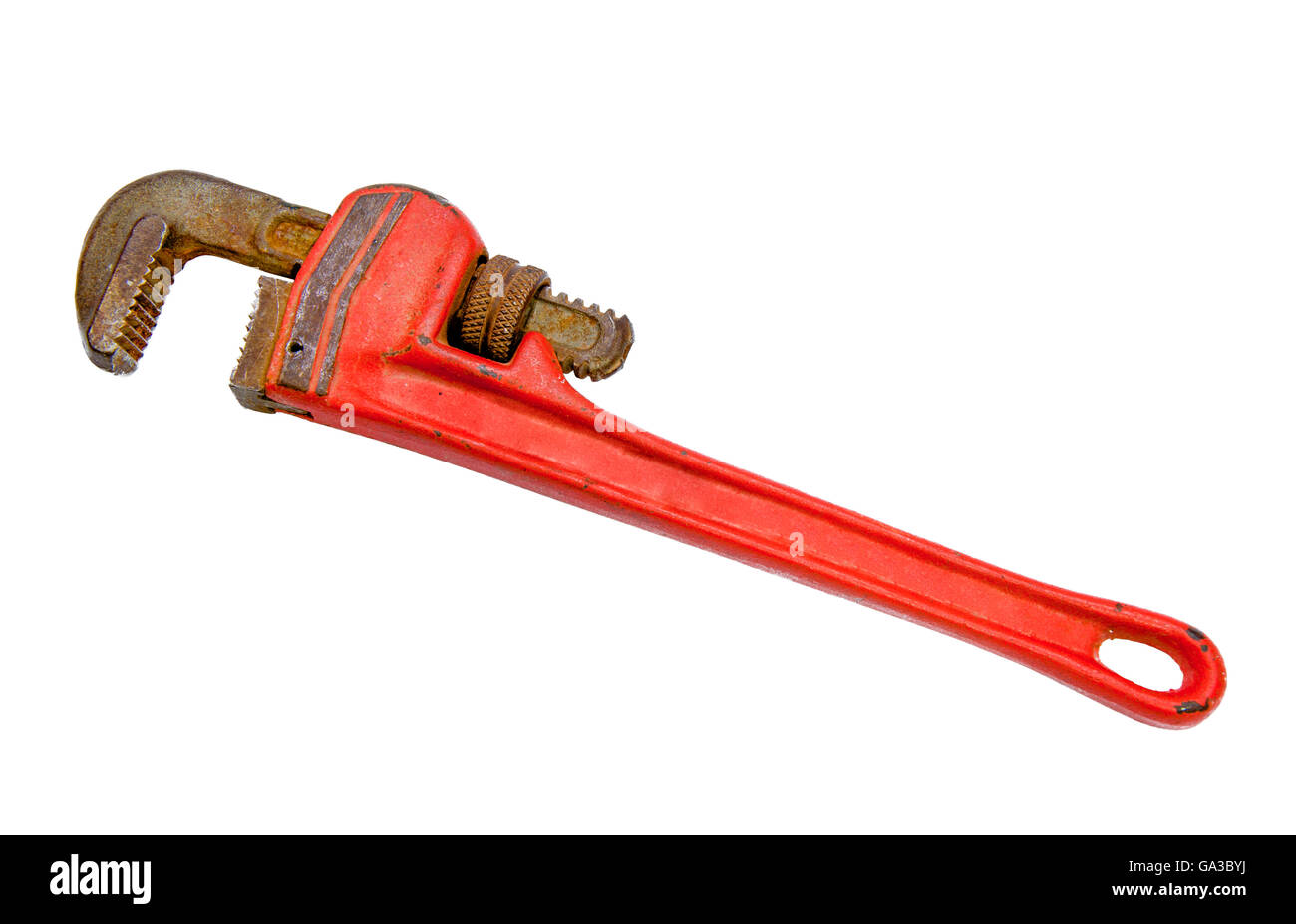 Vecchio rosso chiave a tubo isolato su sfondo bianco Foto Stock