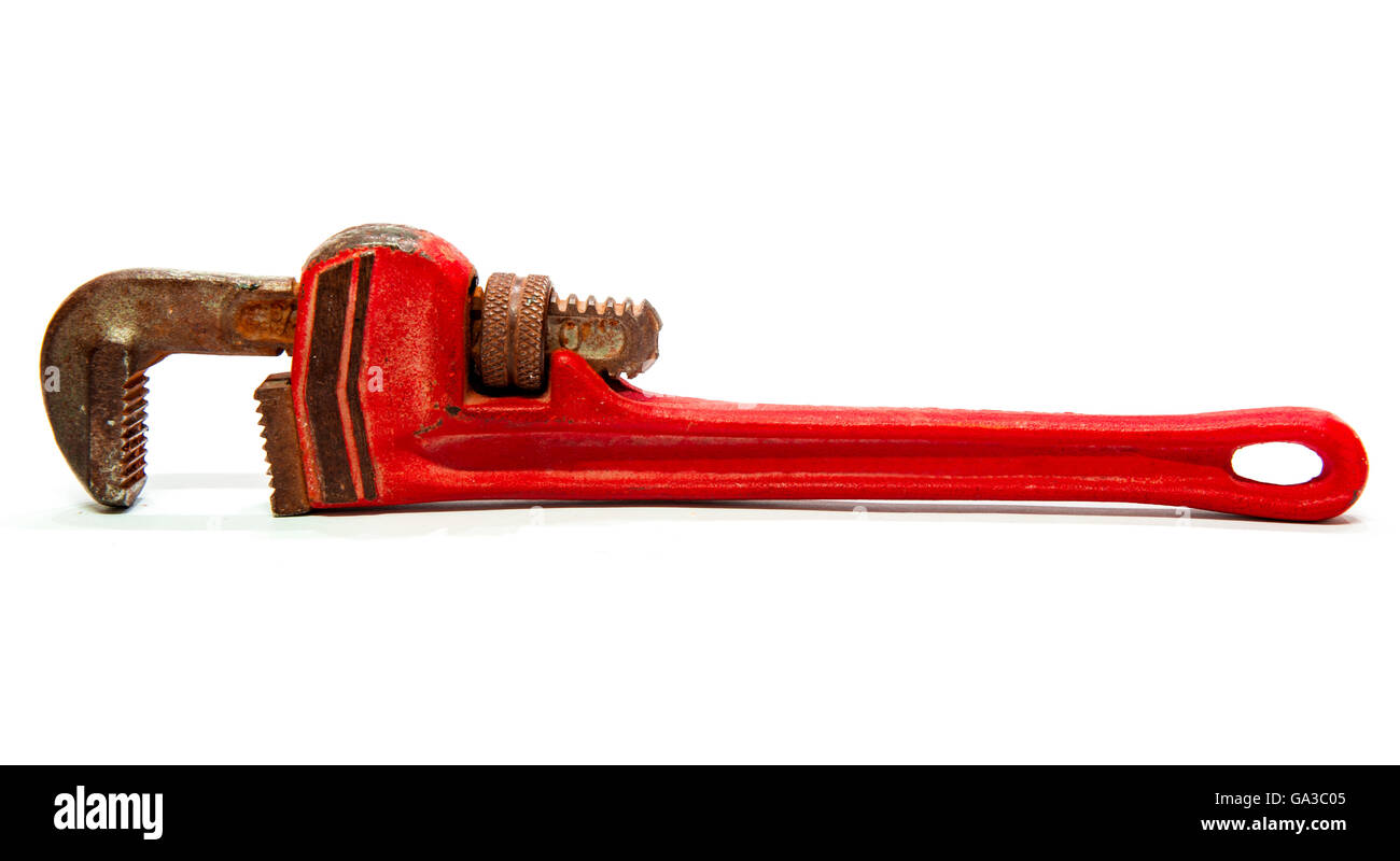 Vecchia chiave a tubo isolato su sfondo bianco Foto Stock