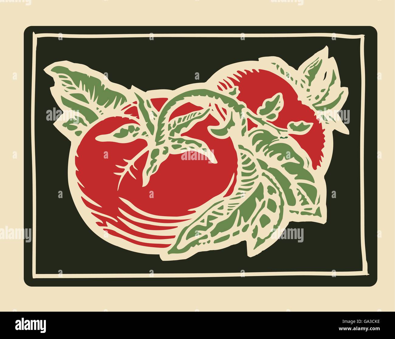 Paio di pomodori in colori di xilografia stile di stampa Foto Stock