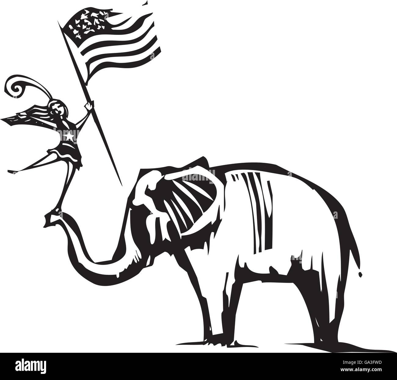 Xilografia immagine di stile di un elefante con un cheer leader sventola una bandiera americana Illustrazione Vettoriale