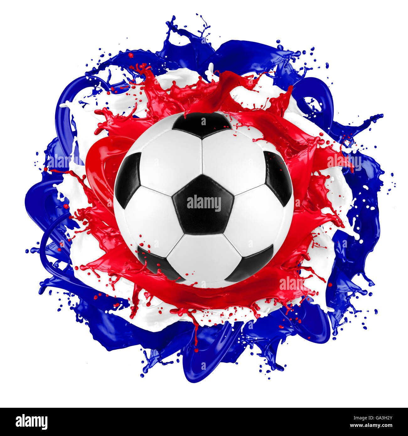 Retrò Pallone da calcio con bandiera rumena spruzzi di colore isolato su sfondo bianco Foto Stock