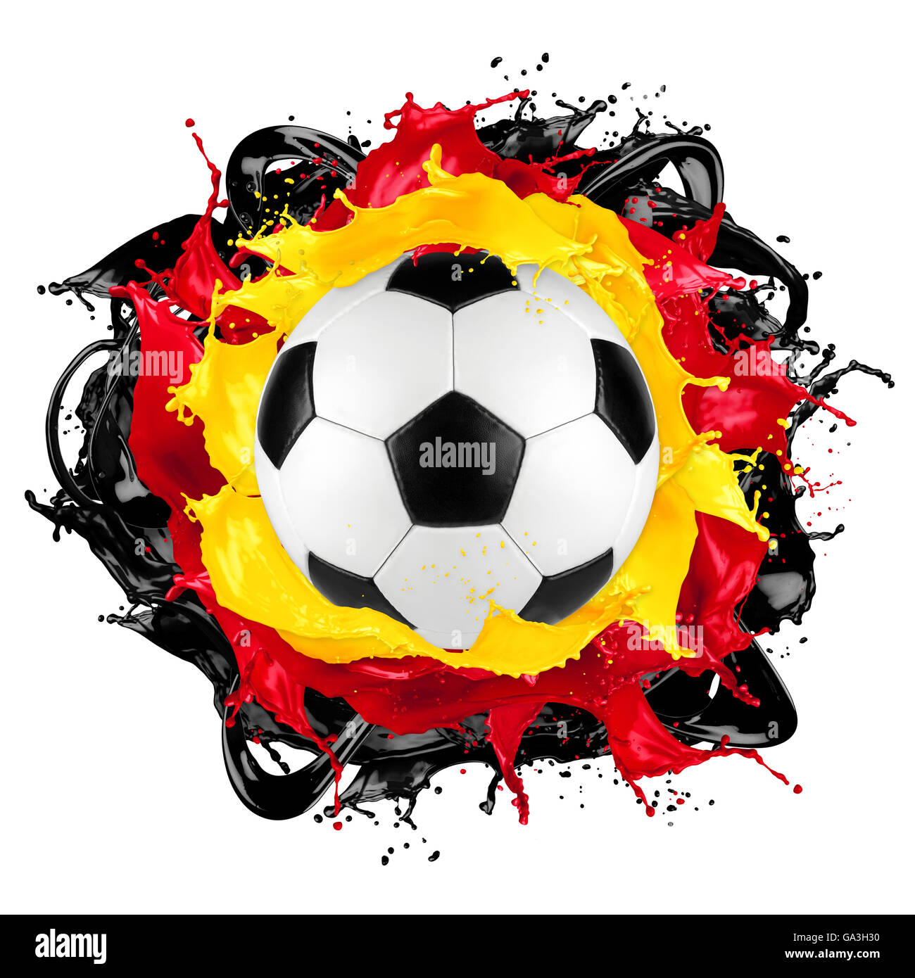 Retrò Pallone da calcio con bandiera tedesca spruzzi di colore isolato su sfondo bianco Foto Stock