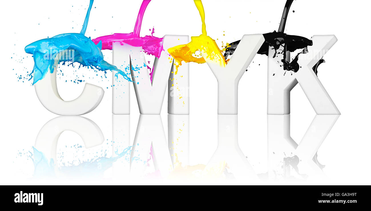 CMYK spruzzi di vernice sulle lettere isolati su sfondo bianco Foto Stock