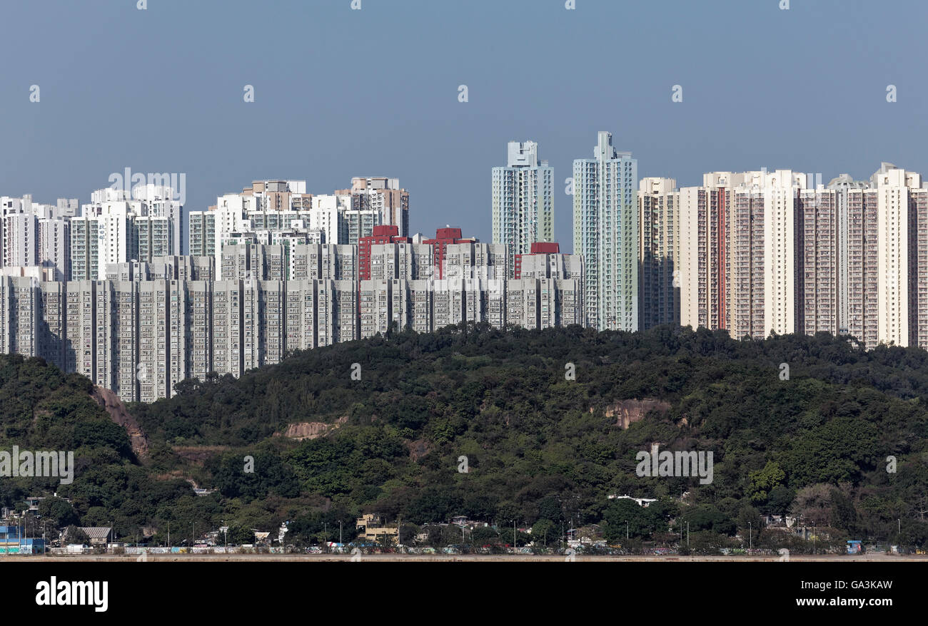 Le torri residenziali, alloggi sociali, Kwun Tong distretto, Kowloon East, Hong Kong, Cina Foto Stock