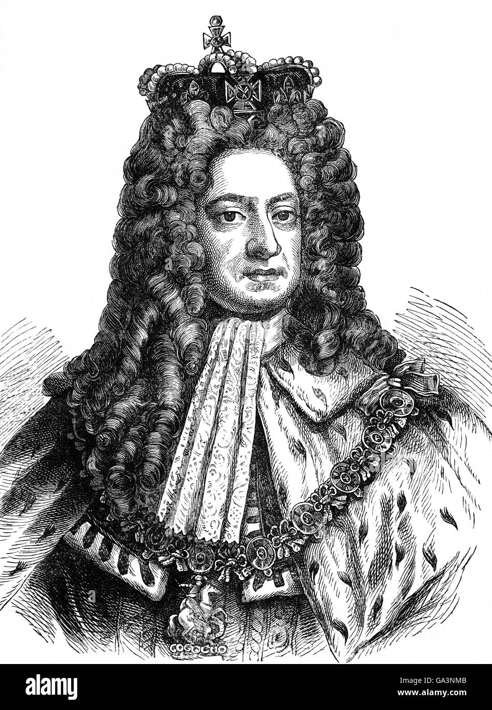 George IO (1660 - 1727) è stato scelto come re di Gran Bretagna e Irlanda dal 1° agosto 1714 fino alla sua morte, sebbene oltre cinquanta Cattolici Romani avesse più stretti rapporti di sangue alla fine di Queen Anne. L Atto di liquidazione 1701 Vietato ai cattolici di ereditare il trono britannico e George era la regina più vicini protestanti vivente rispetto. Foto Stock