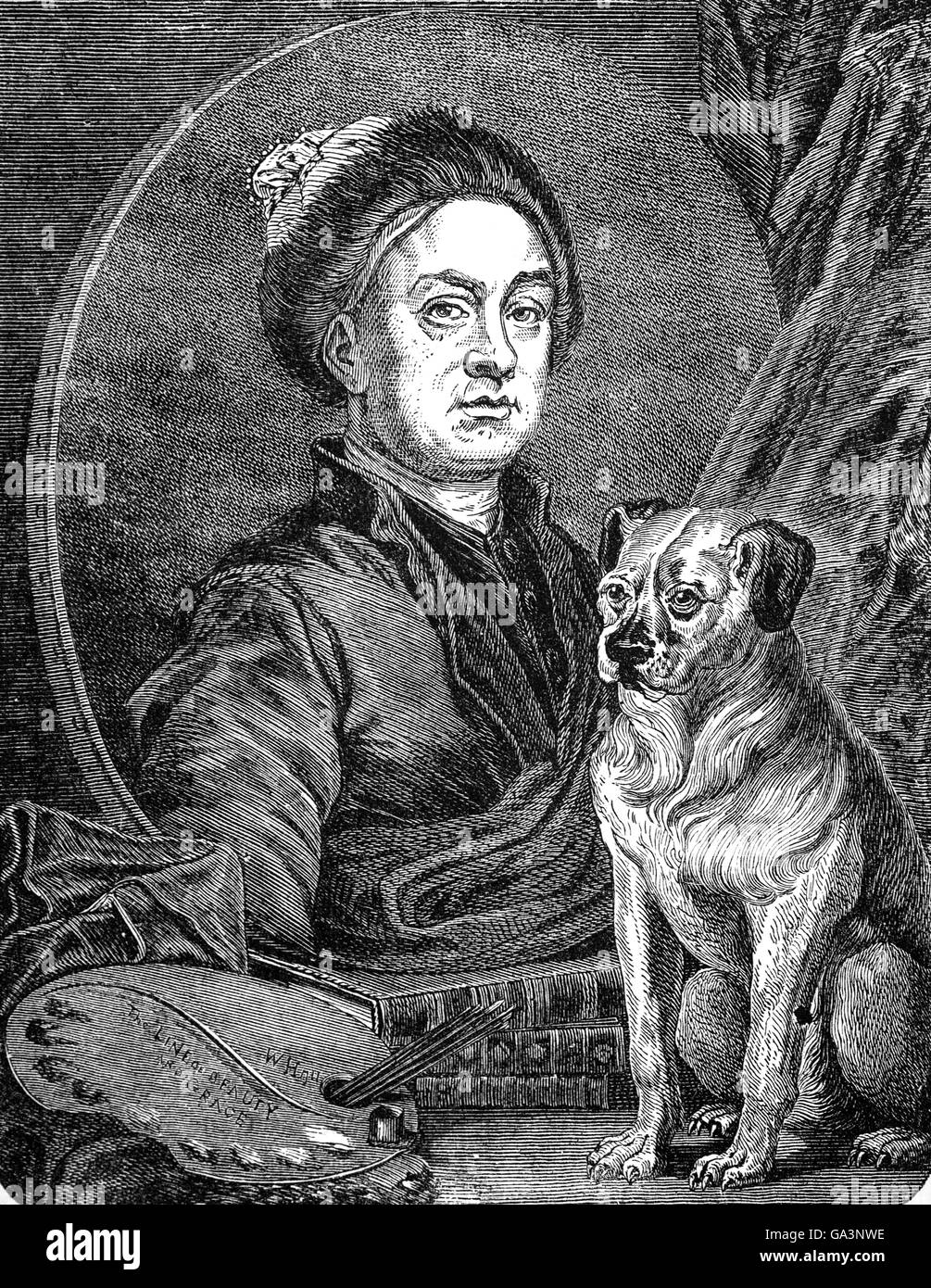 William Hogarth FRSA (1697 - 1764) era un pittore inglese, printmaker, pittoriche satiro, critico sociale e fumettista editoriale. Il suo lavoro variava dalla ritrattistica realistica al comic strip-come serie di immagini chiamato 'moderne soggetti morali". La conoscenza del suo lavoro è così pervasivo che politico satirico illustrazioni di questo stile sono spesso indicati come 'Hogarthian' Foto Stock
