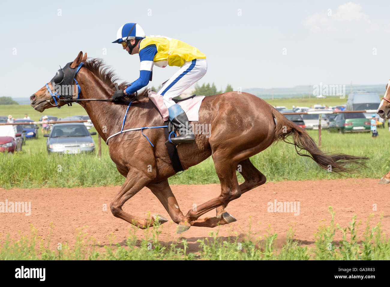 Al galoppo i cavalli e i loro cavalieri a horse racing event in estate Foto Stock