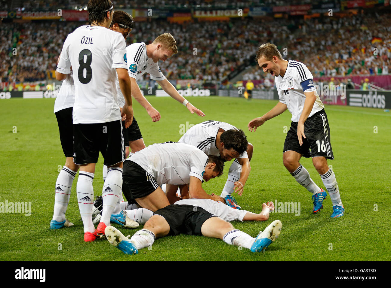 I giocatori di Germania national football team celebrano il loro vincere dopo la UEFA EURO 2012 partita contro la Danimarca a Lviv Arena Foto Stock