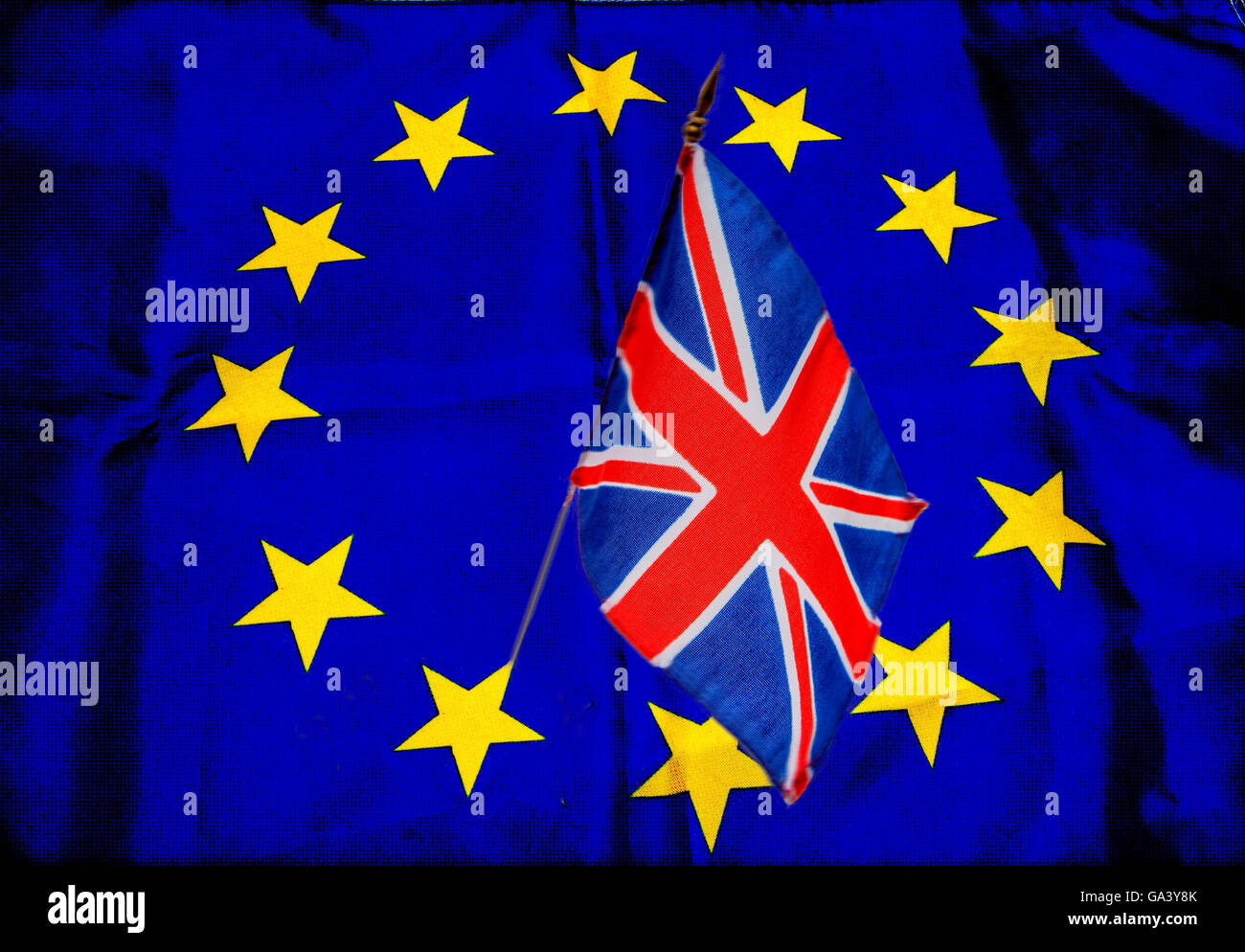 Brexit. Bandiere di Unione europea e Regno Unito Foto Stock