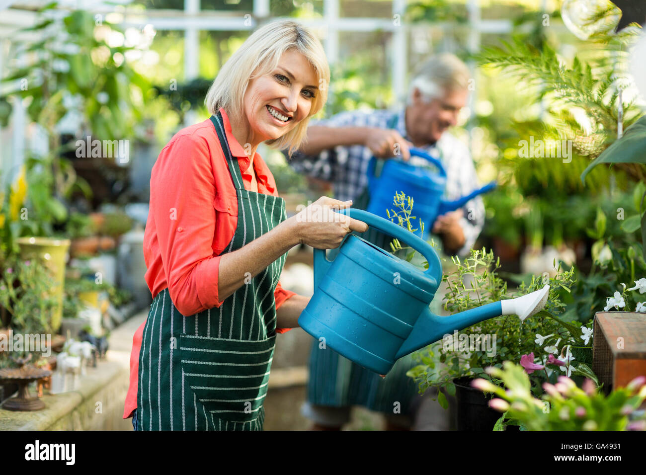 La donna gli impianti di irrigazione con uomo a serra Foto Stock