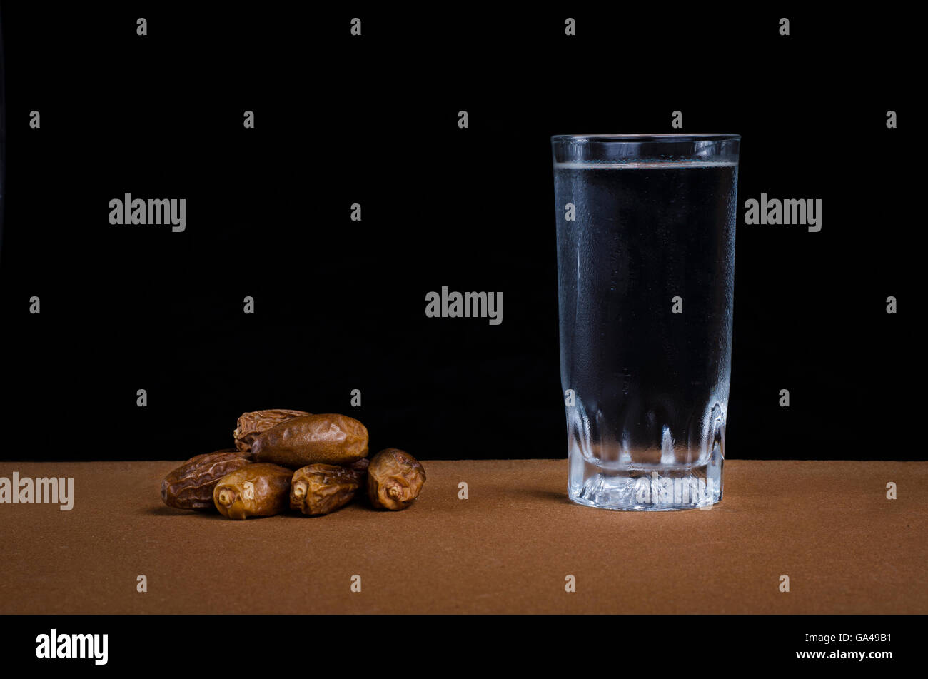 Date e acqua che rappresenta la rottura concetto veloce durante il mese sacro del Ramadan Foto Stock