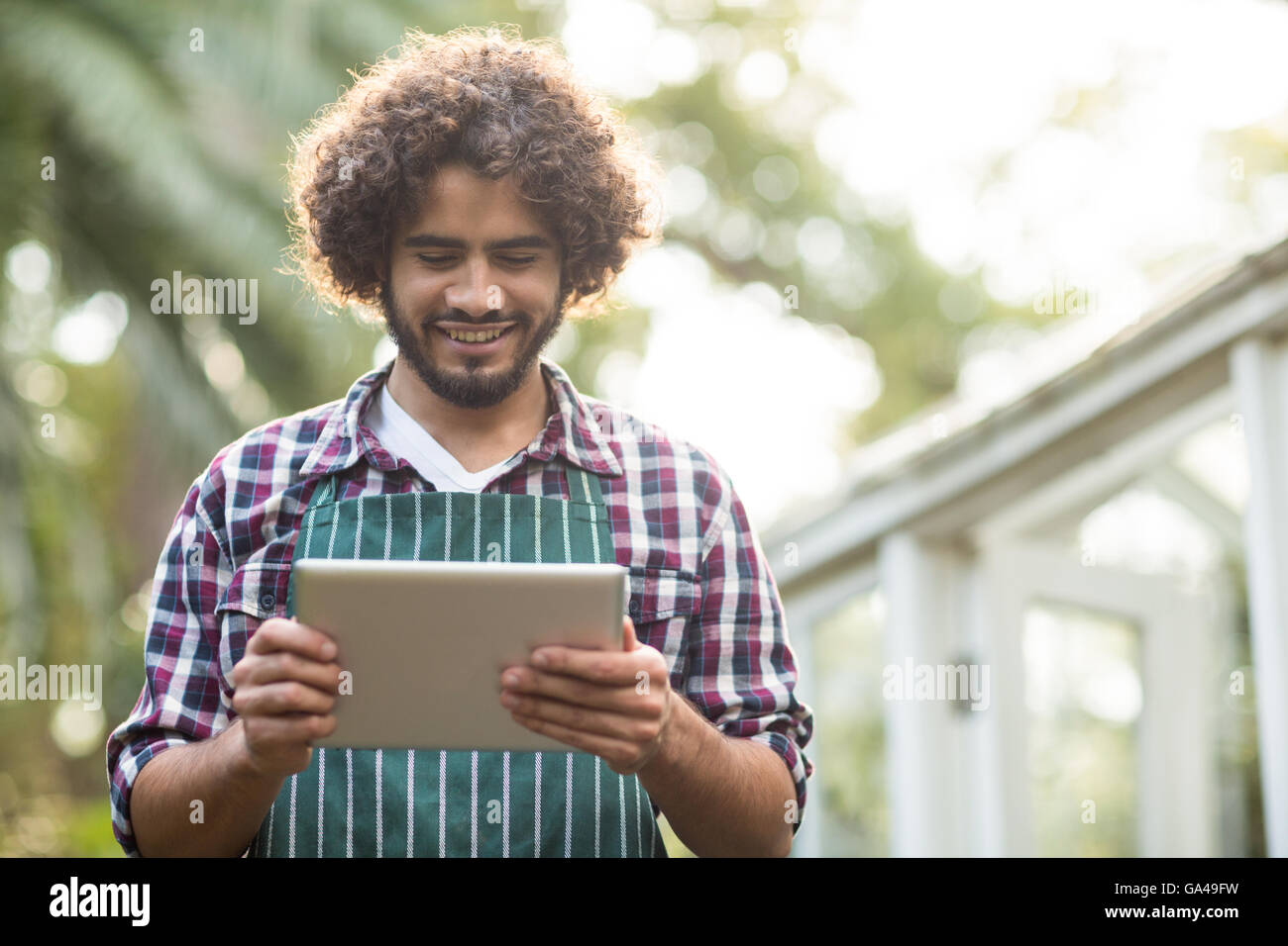 Giardiniere maschio utilizzando computer tablet a serra Foto Stock