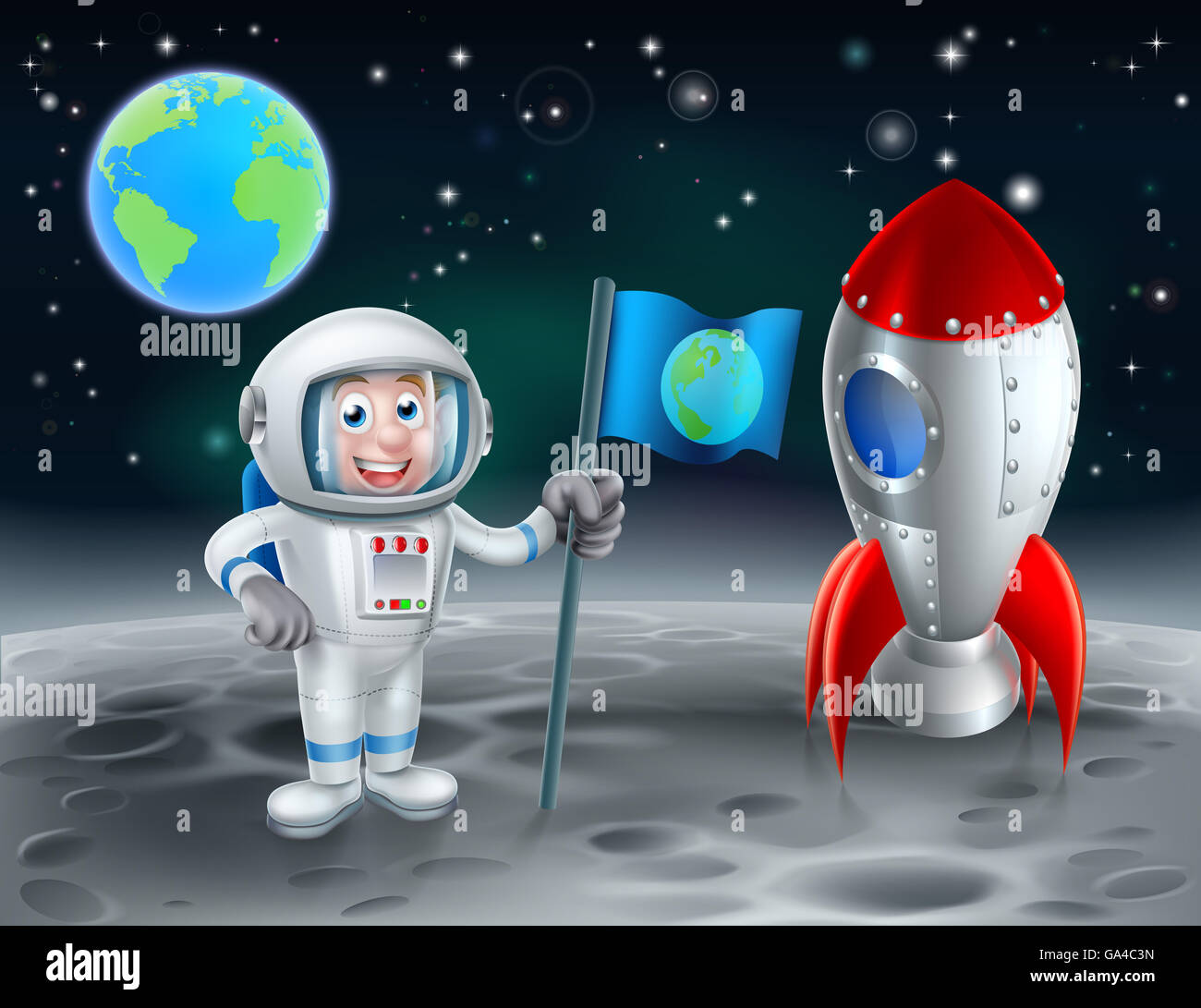 Una illustrazione di un cartoon astronauta tenendo una bandiera con la messa a terra su di esso e un cartoon retrò spazio razzo o nave spaziale l Foto Stock