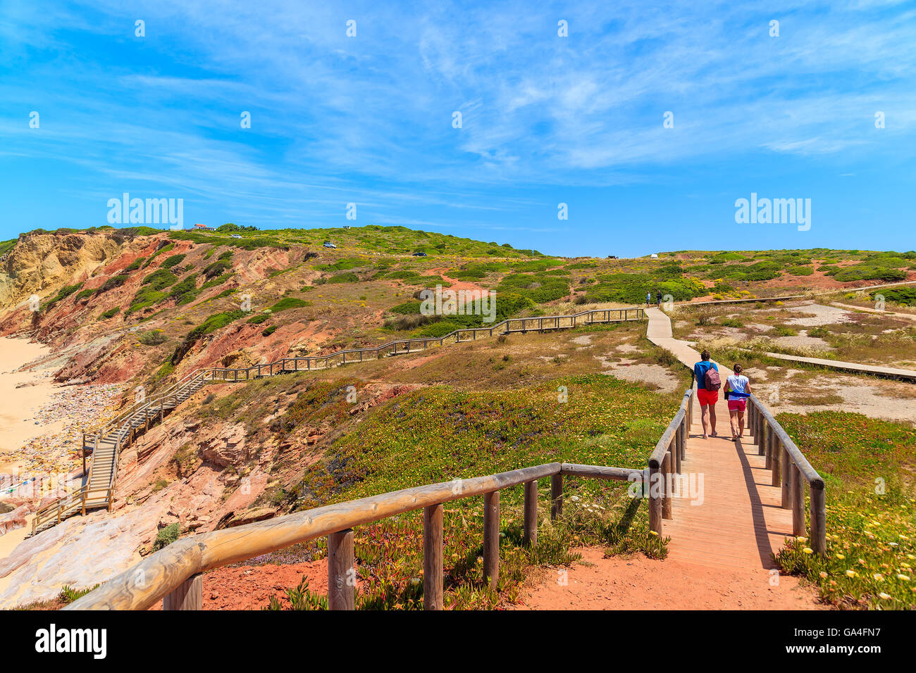 Coppia di turisti camminando sulla passerella a Praia do Amado beach, luogo famoso per il surf, la regione di Algarve, PORTOGALLO Foto Stock