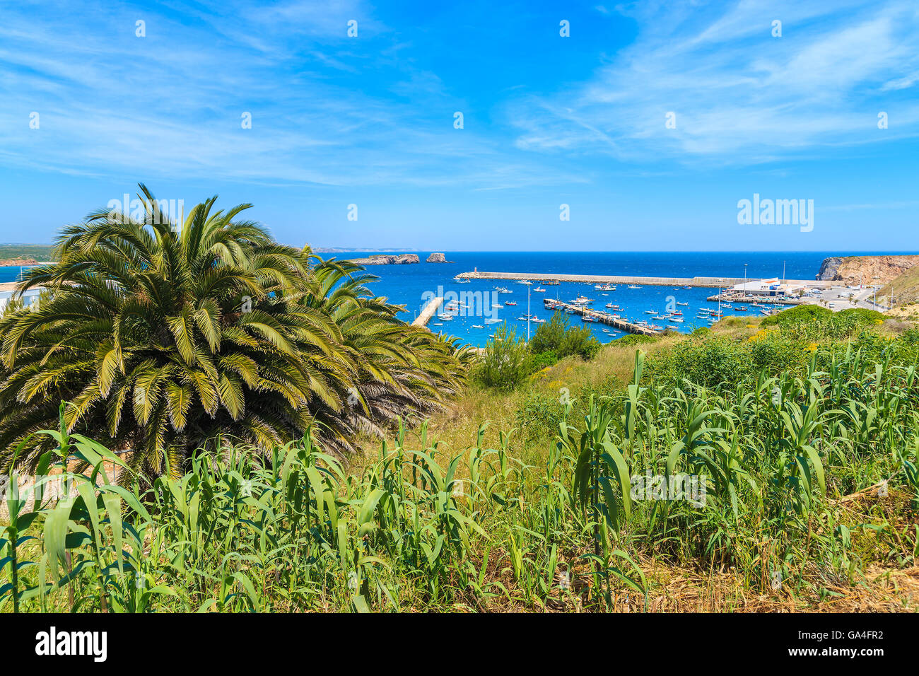 Vista del porto di pesca in Sagres cittadina sulla costa del Portogallo nella regione di Algarve Foto Stock